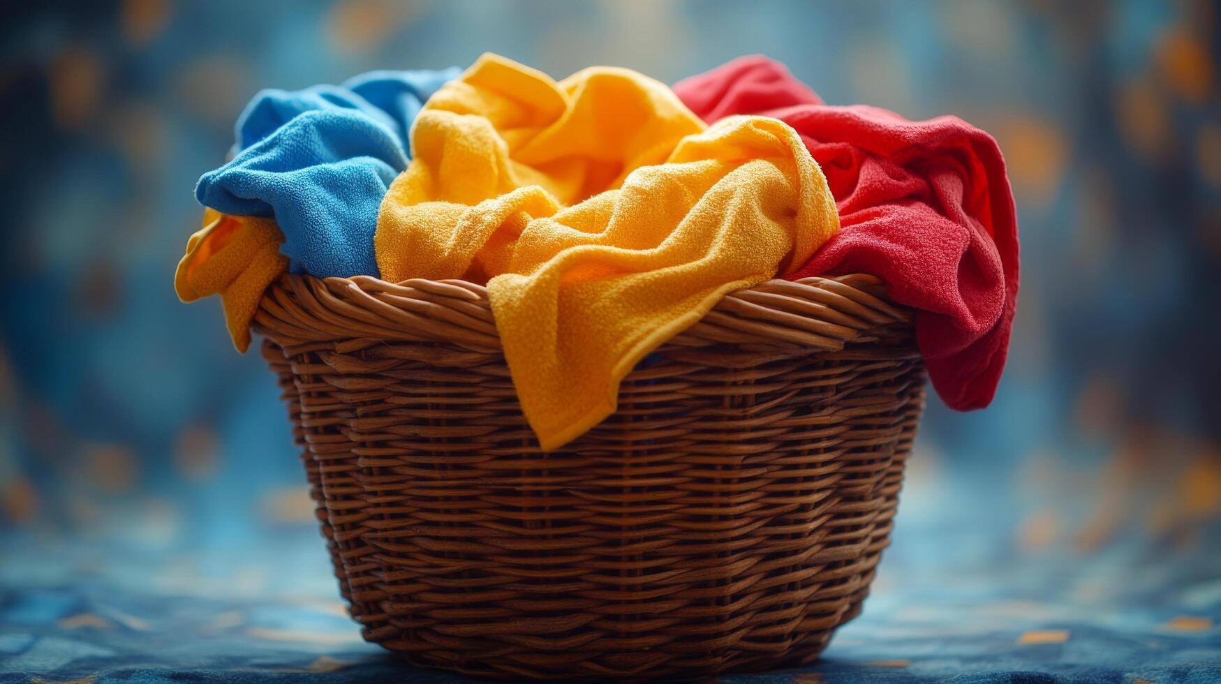 Colorful towels piled in a wicker basket on a soft rug in a bright room setting photo