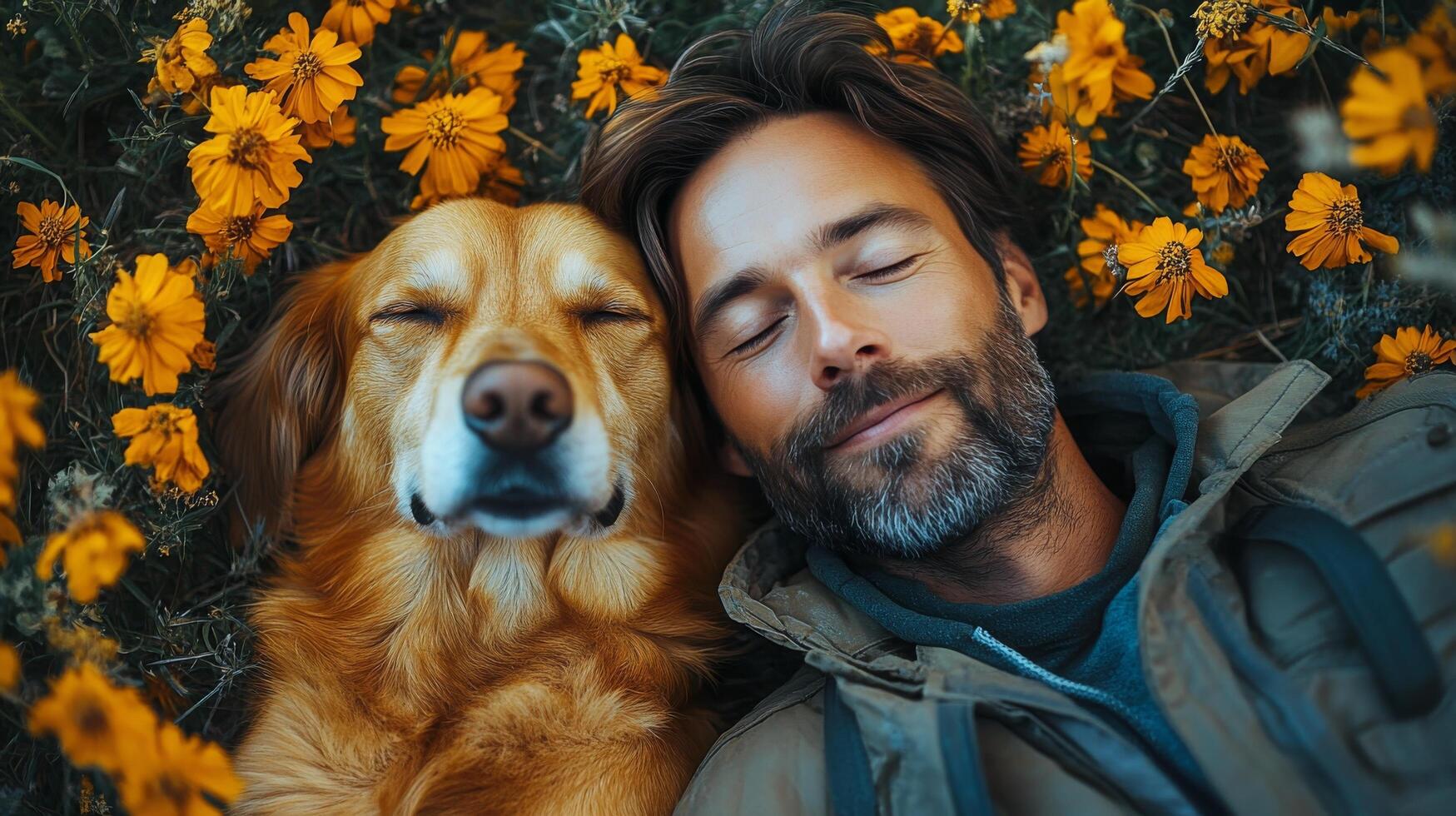 Man and dog enjoying a moment of connection during a sunset in a serene outdoor setting photo