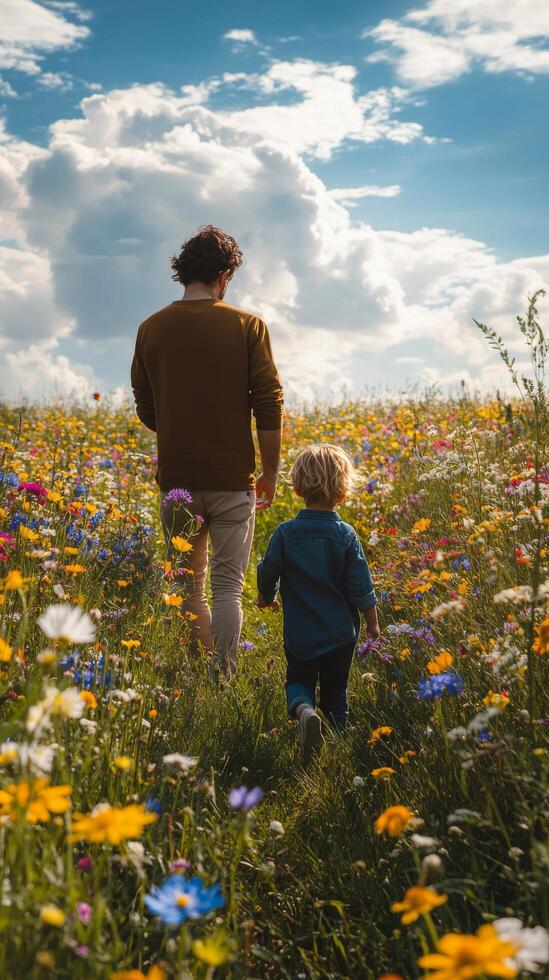 Father and child exploring a vibrant flower field on a sunny day photo