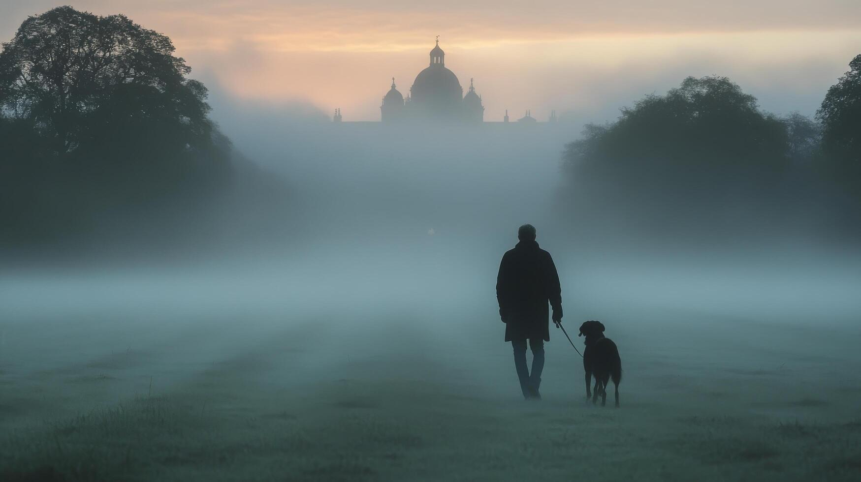 Walking a dog in a foggy field during early morning hours photo