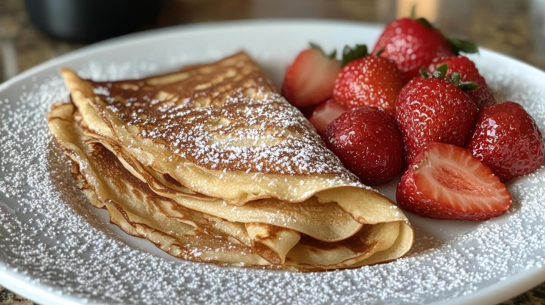 Delicious pancakes with strawberries and powdered sugar served on a rustic wooden table photo