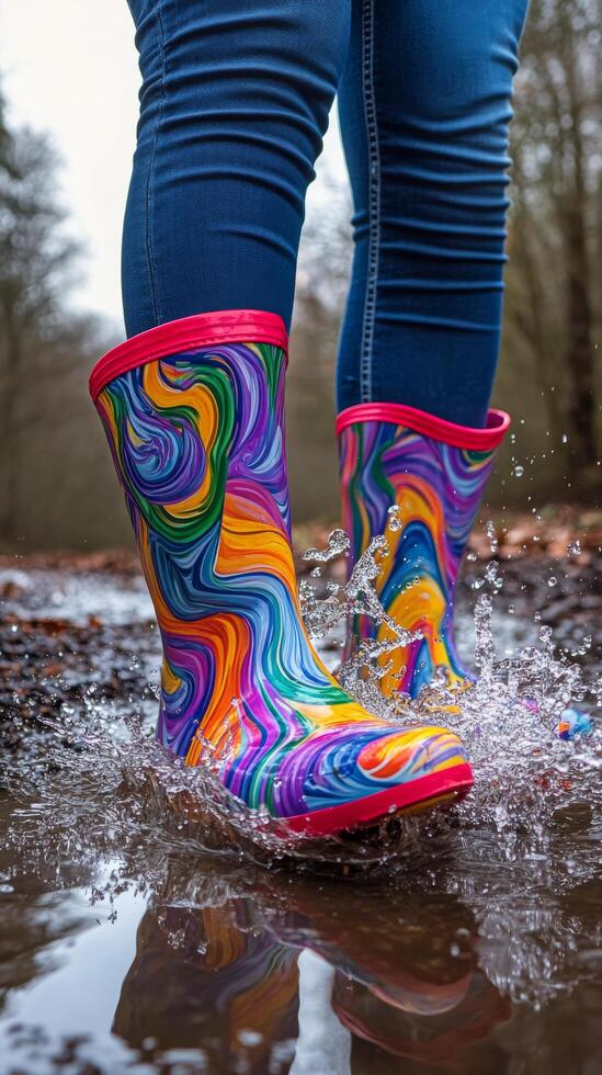 Colorful boots making splashes in puddles during a rainy day photo