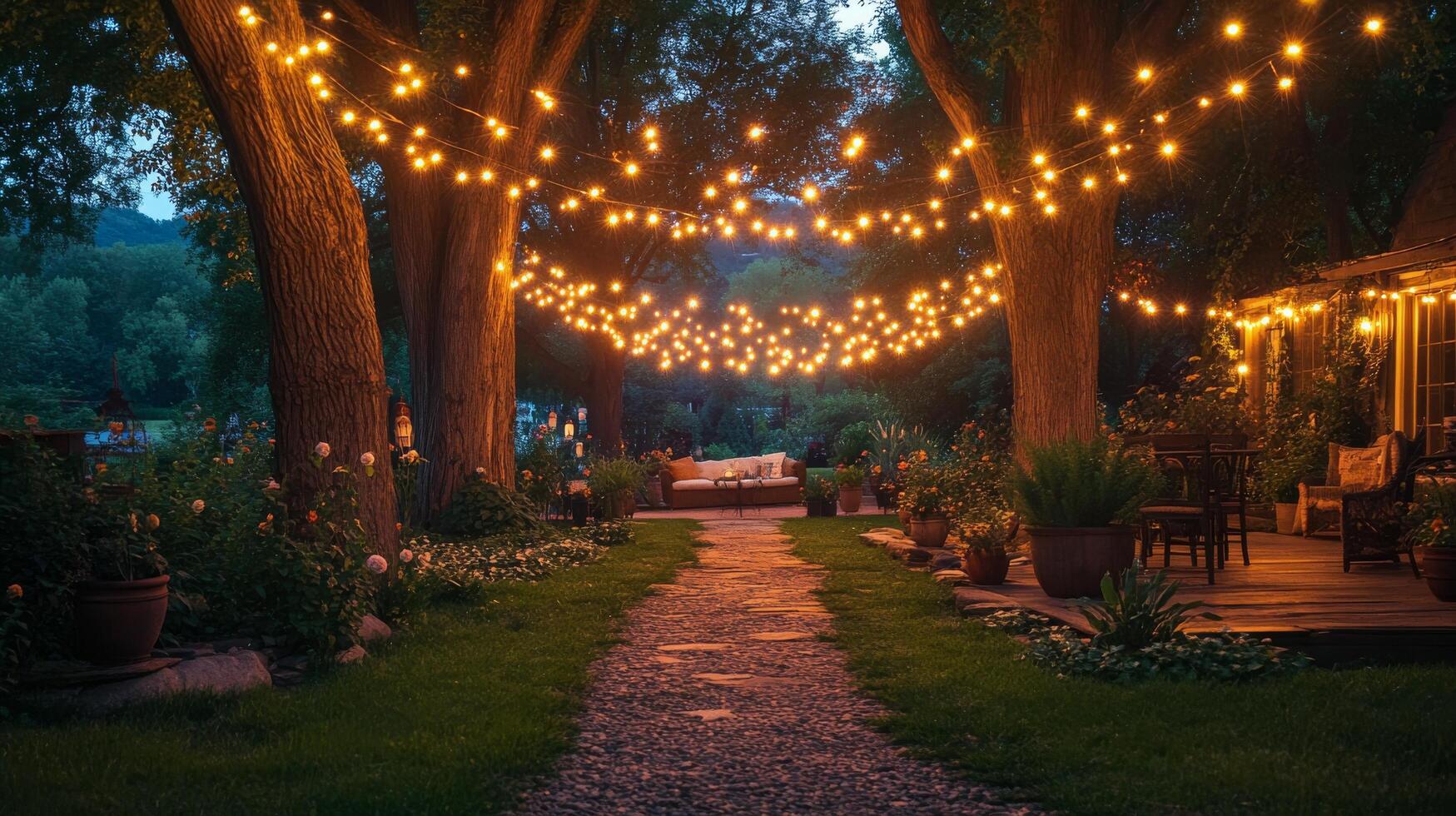 Charming outdoor space with string lights illuminating path and garden at twilight photo