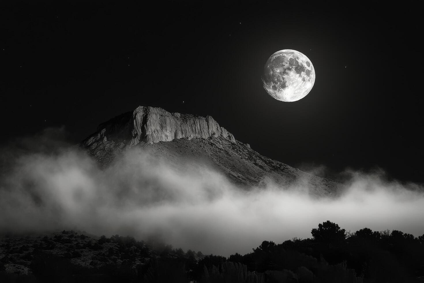 Majestic Mount Fuji under a bright full moon with clouds in the night sky photo