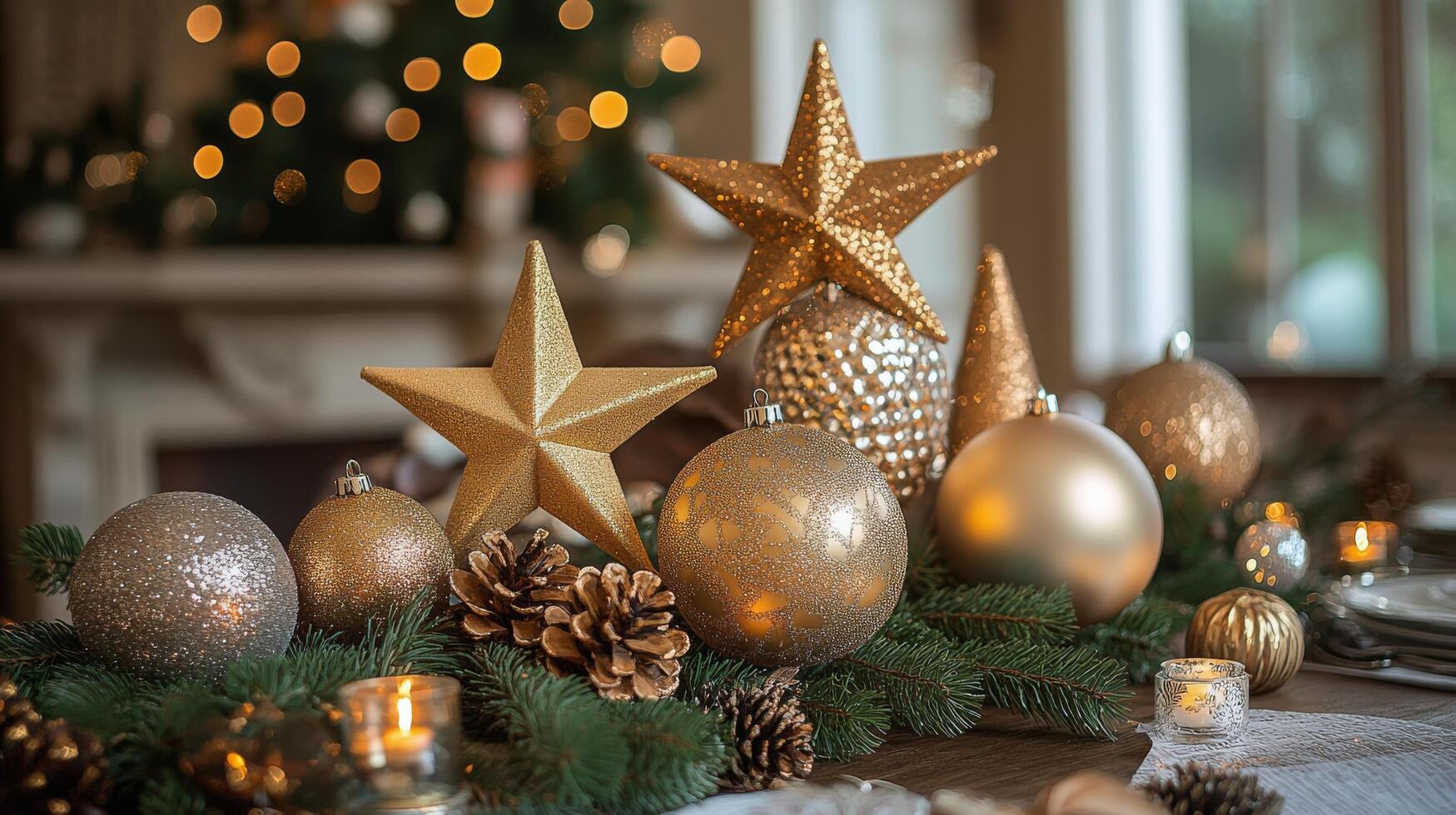 Shimmering holiday decorations with sparkling ornaments and lights creating a festive atmosphere photo