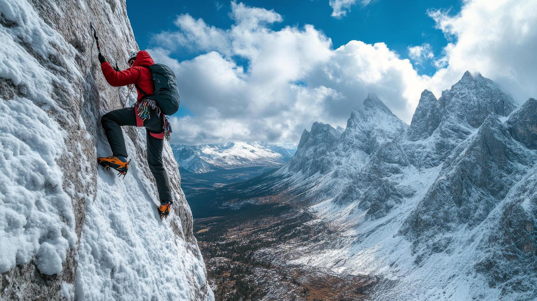 Climber scaling a rocky mountain wall in the Dolomites during a sunny day with clouds photo