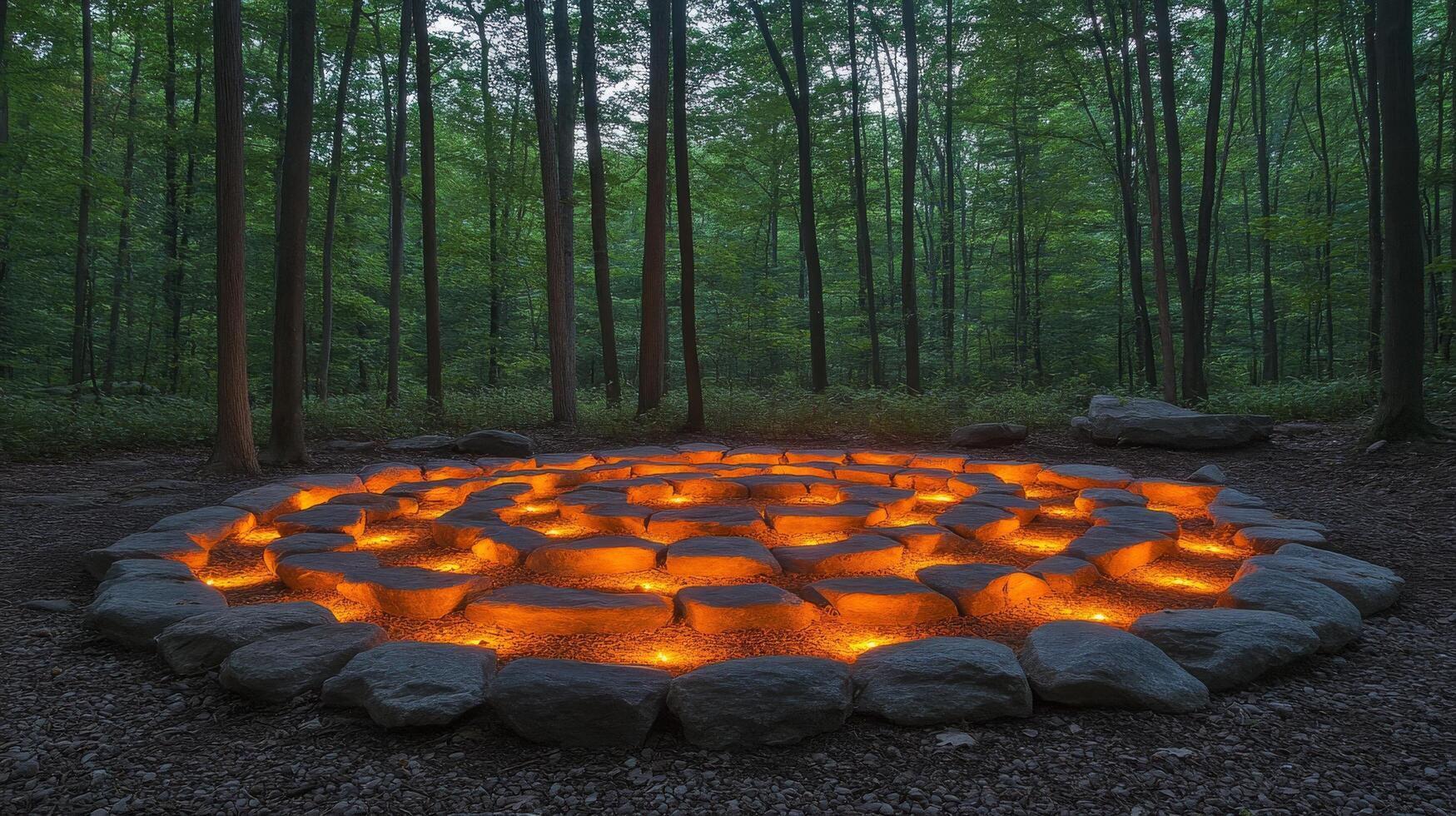 Serene stone labyrinth at sunset surrounded by trees in a tranquil forest setting photo