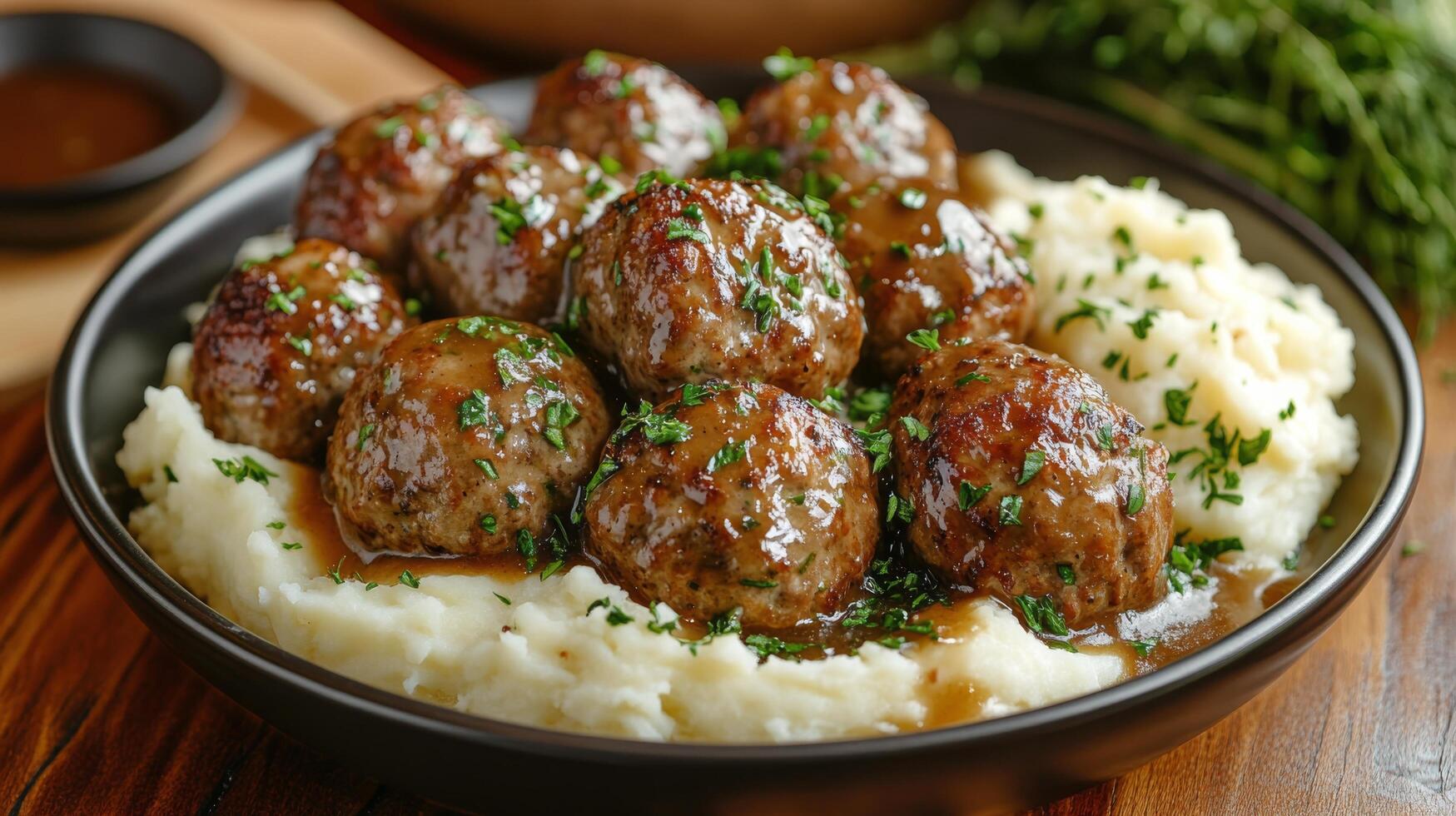 Savory meatballs served over creamy mashed potatoes with rich gravy and fresh herbs photo