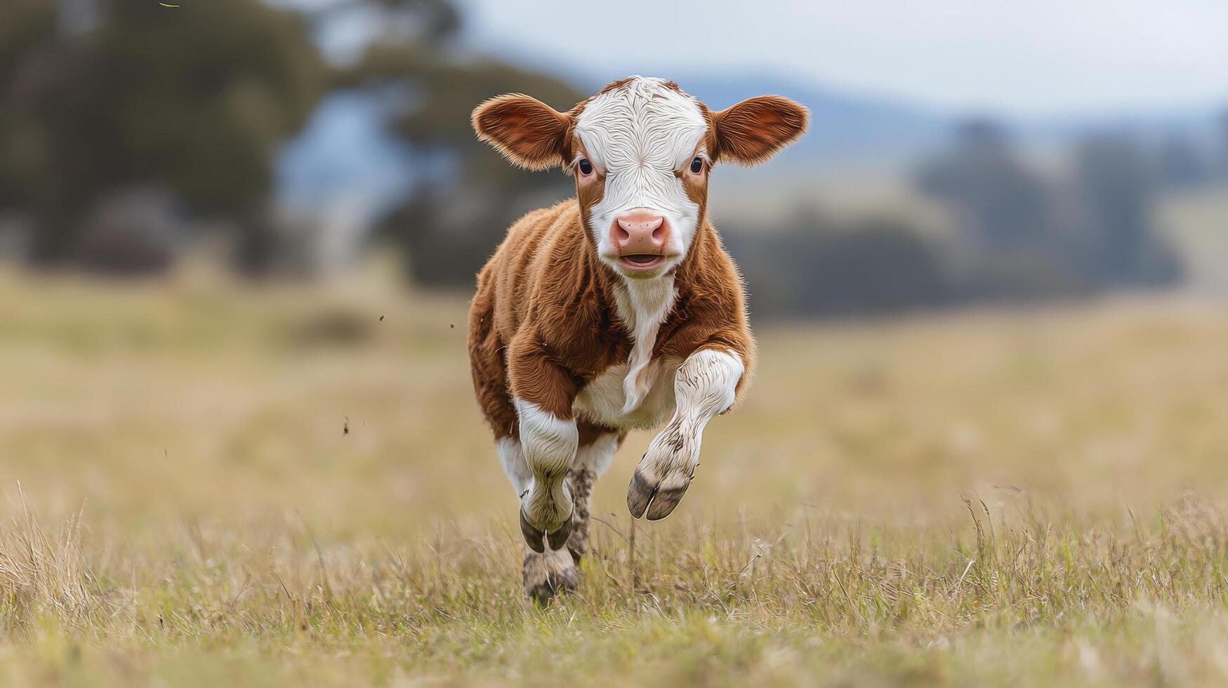 Playful calf running across an open field during daylight in a rural area photo