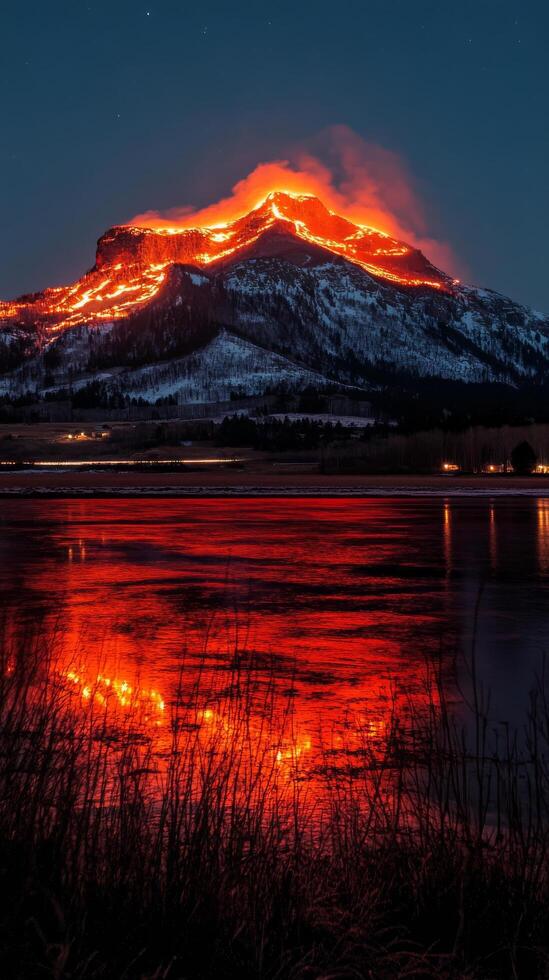 Volcano erupts at night illuminating the mountain landscape with vibrant lava flow reflecting in the water photo