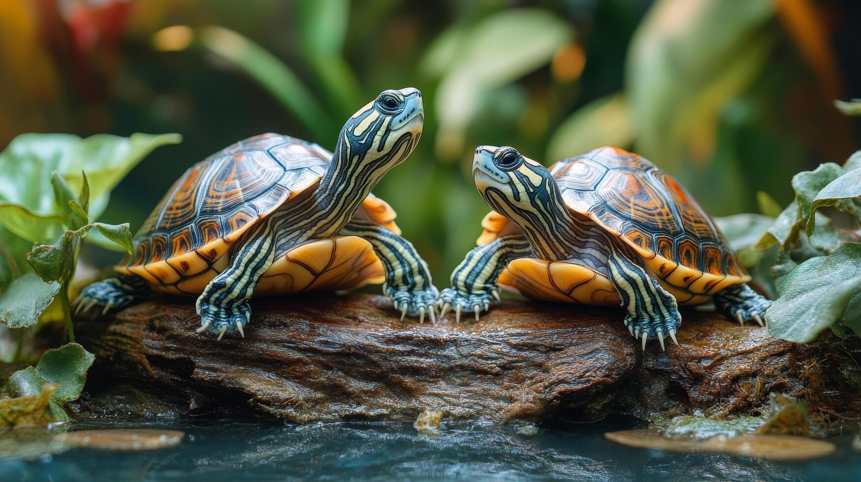 Two turtles basking on a log in a serene aquatic environment during daylight hours photo