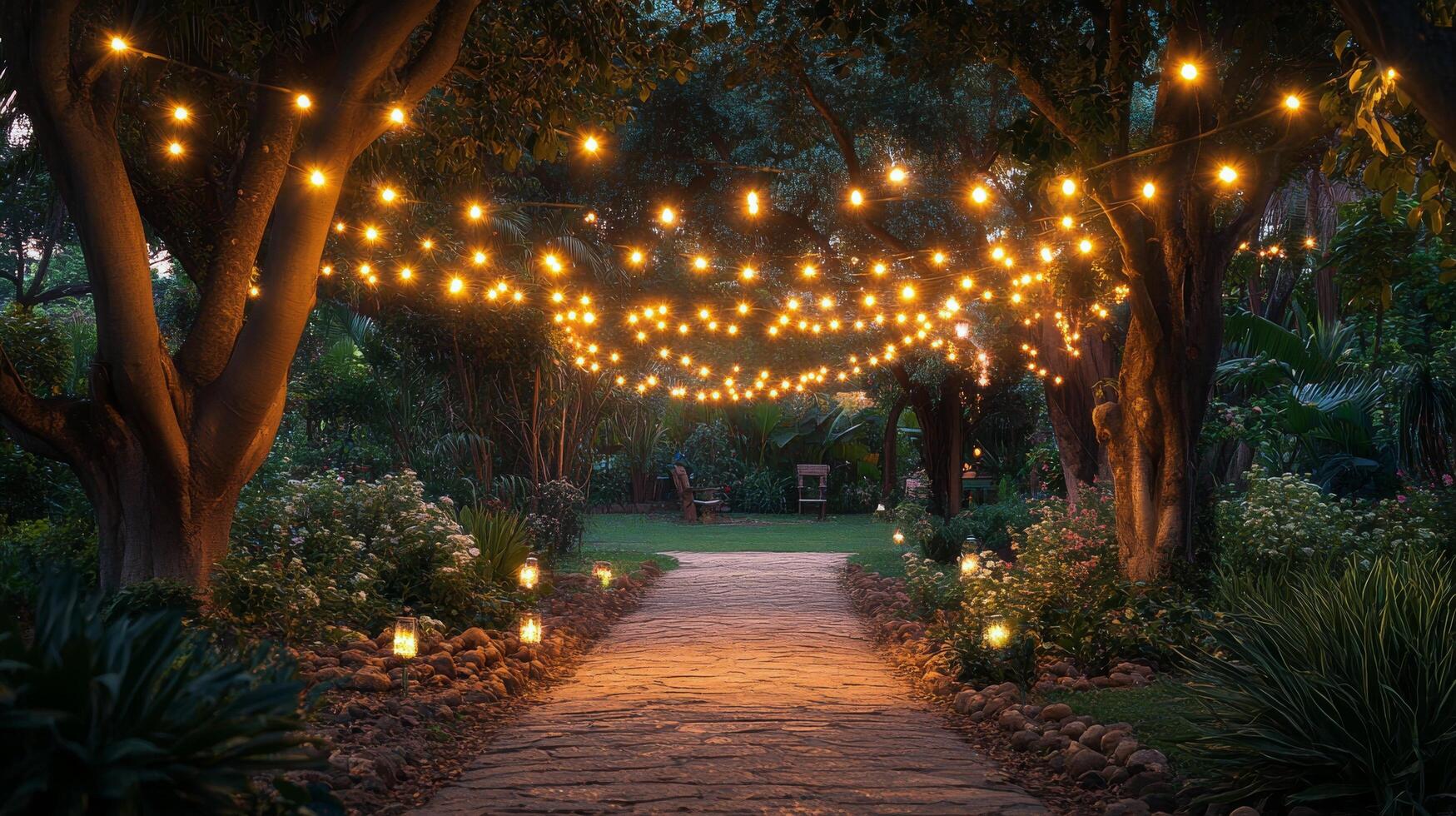 Charming outdoor space with string lights illuminating path and garden at twilight photo