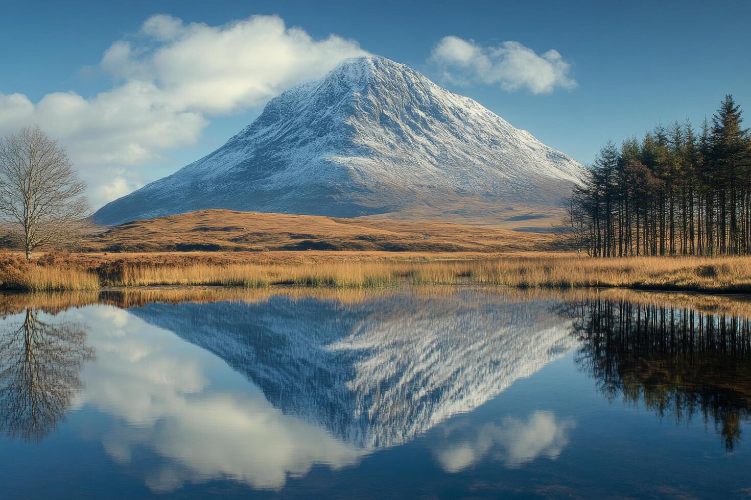 Majestic snowy peak reflecting in tranquil lake under clear blue sky photo