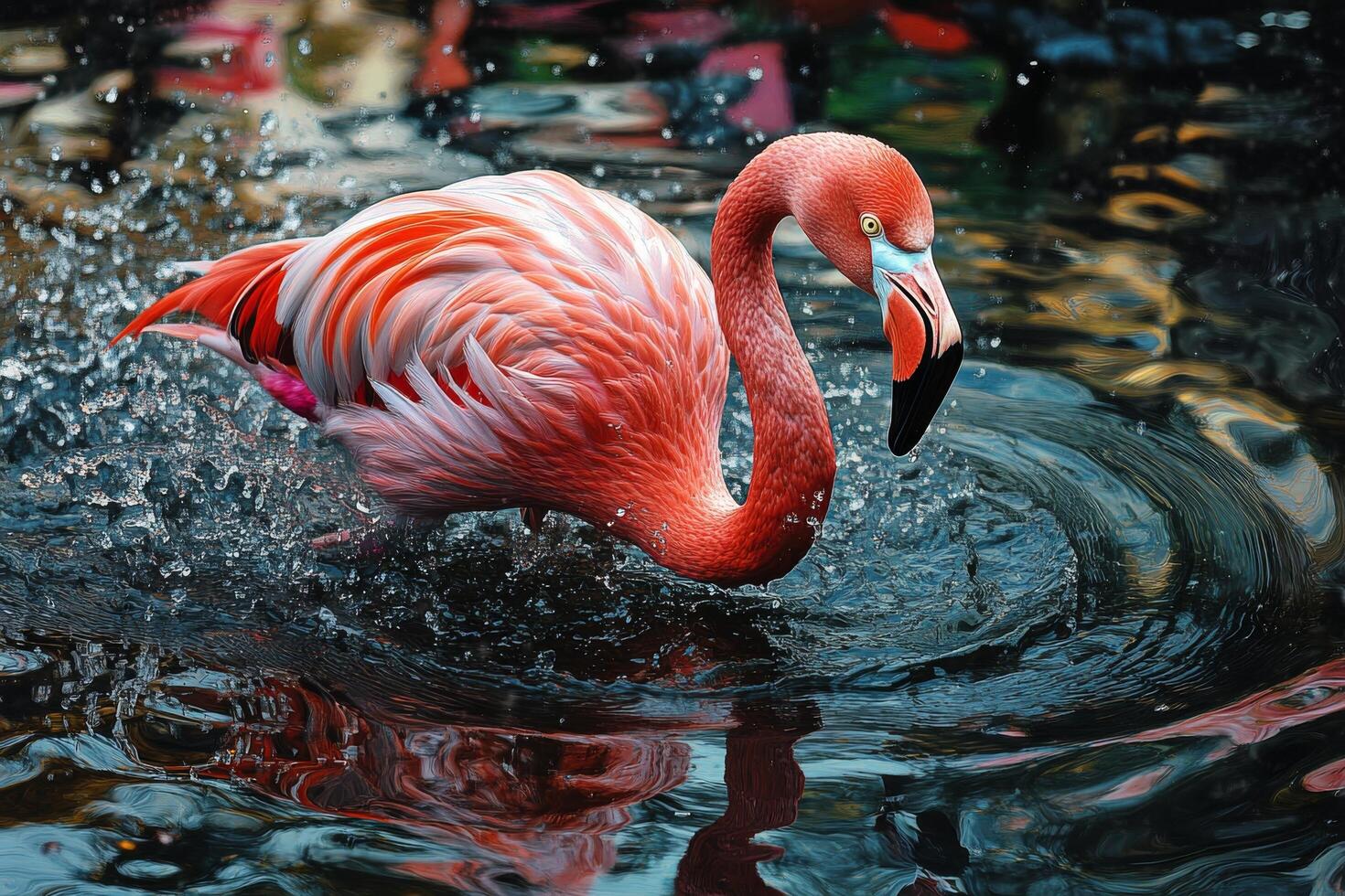 Flamingo splashing in water creating ripples under soft sunlight in a vibrant setting photo