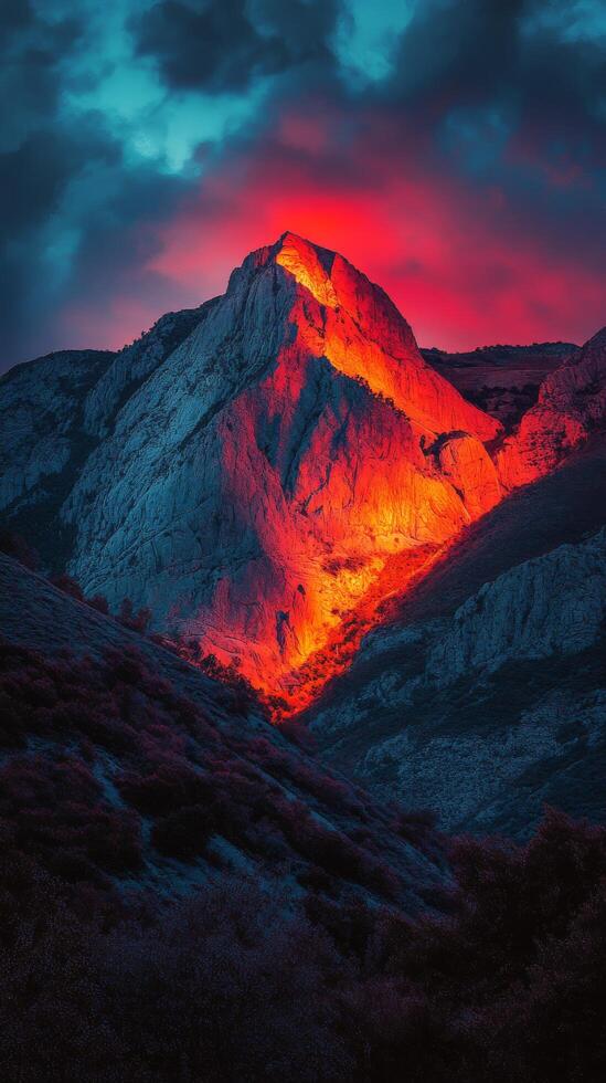Volcano erupts at night illuminating the mountain landscape with vibrant lava flow reflecting in the water photo