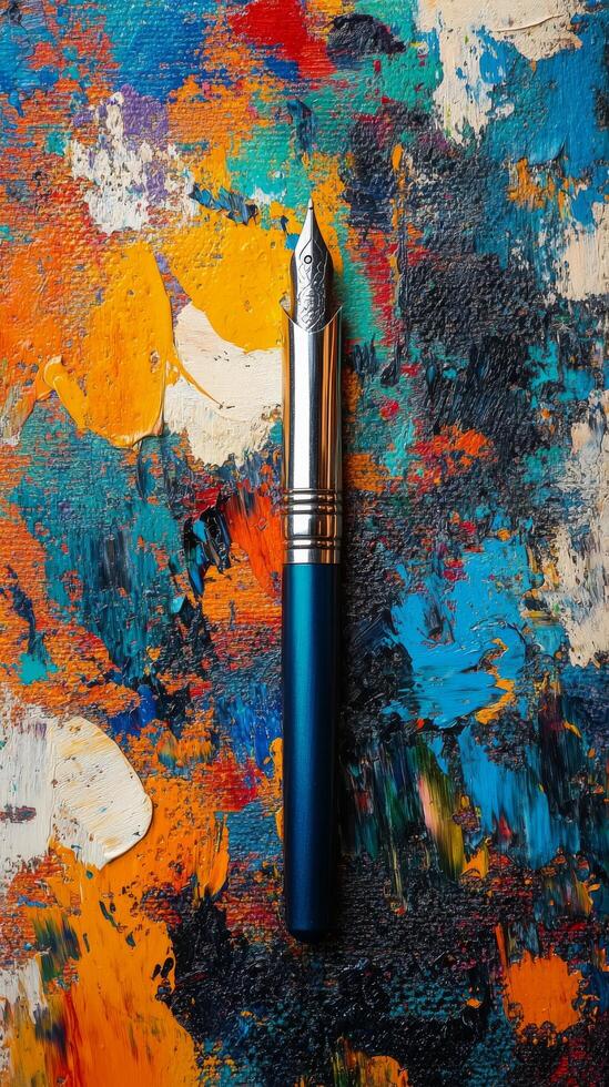 Colorful paint palette with a fountain pen resting on the vibrant textures photo