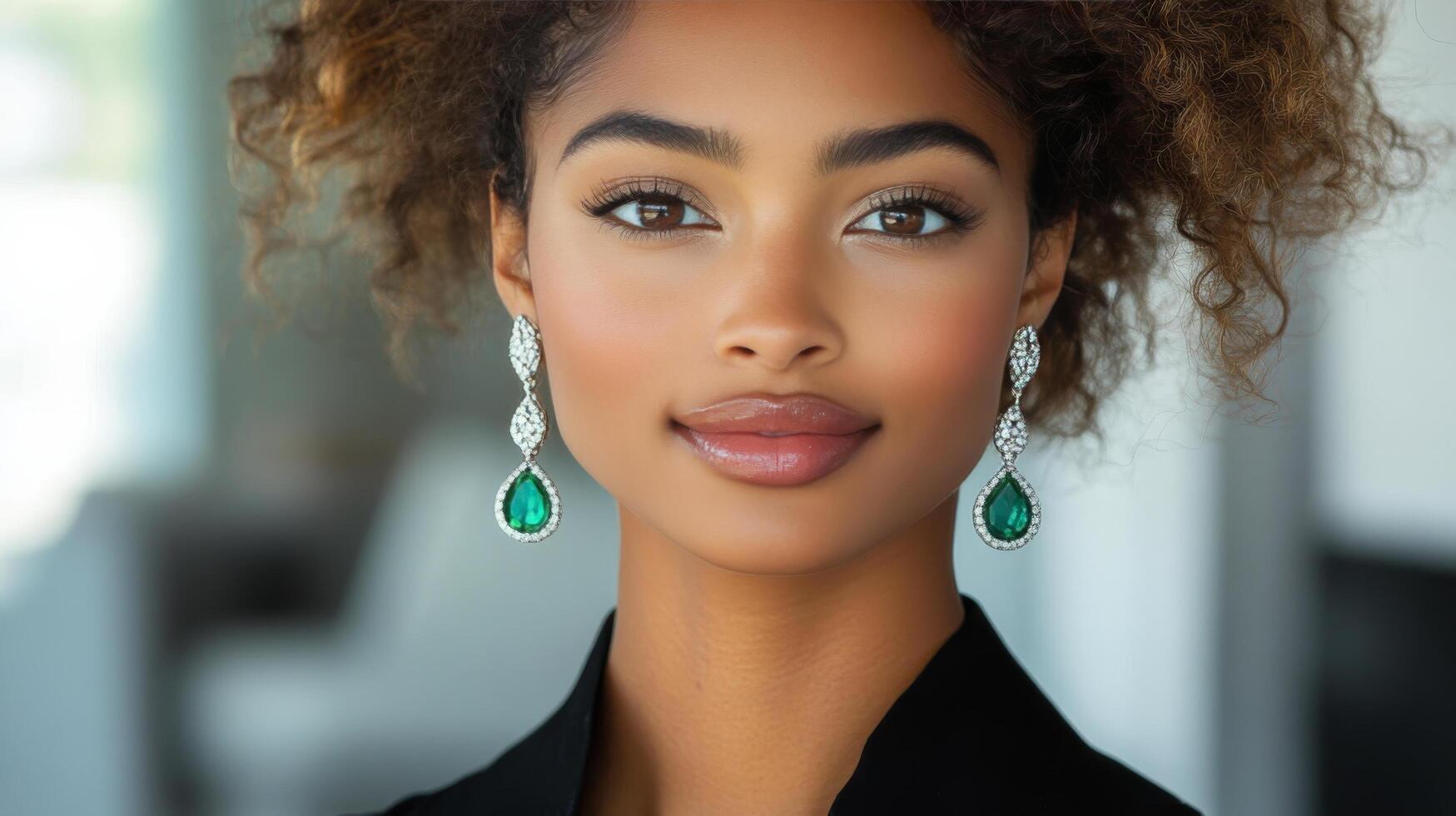 Stunning model showcases elegant emerald earrings in a close-up portrait photo