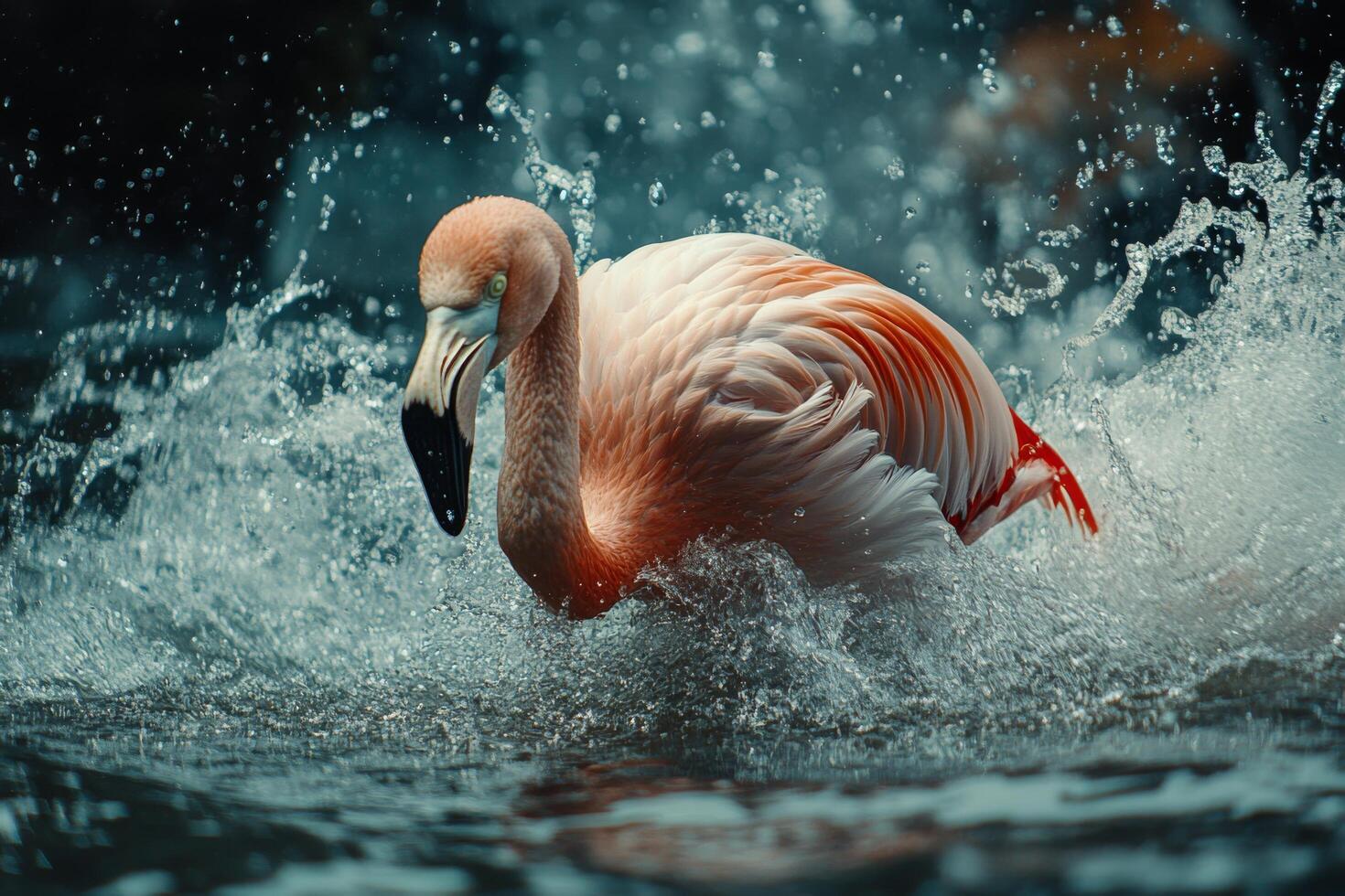 Flamingo splashing in water creating ripples under soft sunlight in a vibrant setting photo