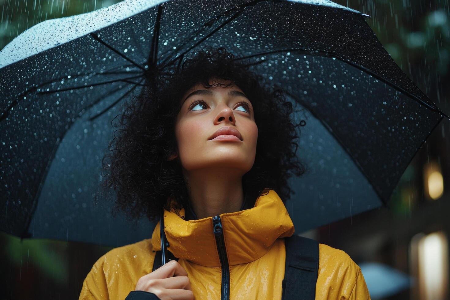 Woman enjoying autumn rain under a black umbrella in a park with vibrant yellow leaves photo