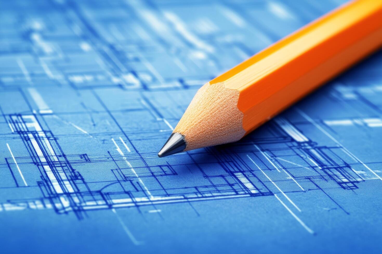 Close-up of orange pencil highlighting architectural blueprint in a creative workspace photo