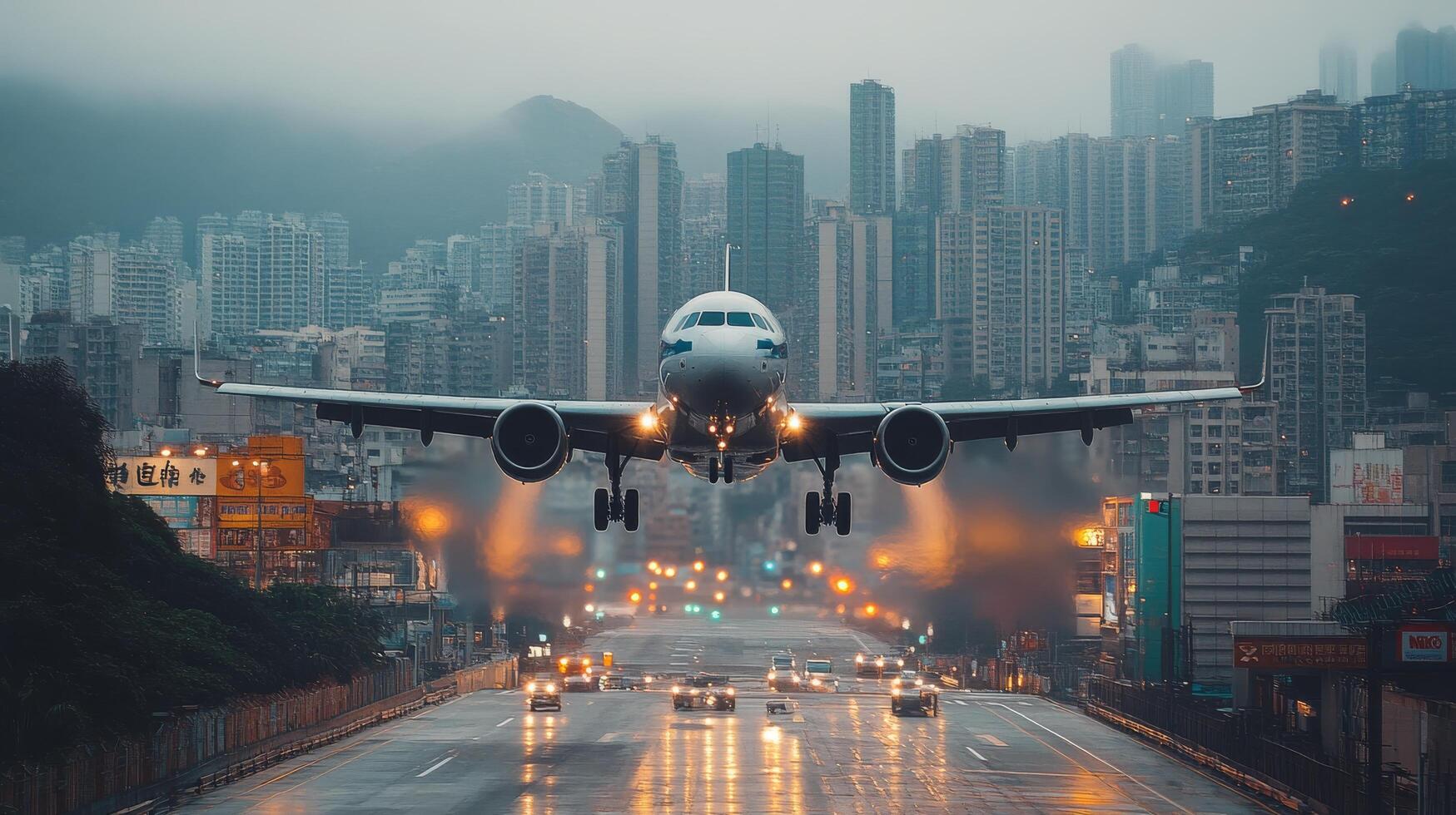 Airplane landing near urban area with high-rise buildings and busy streets during overcast weather photo