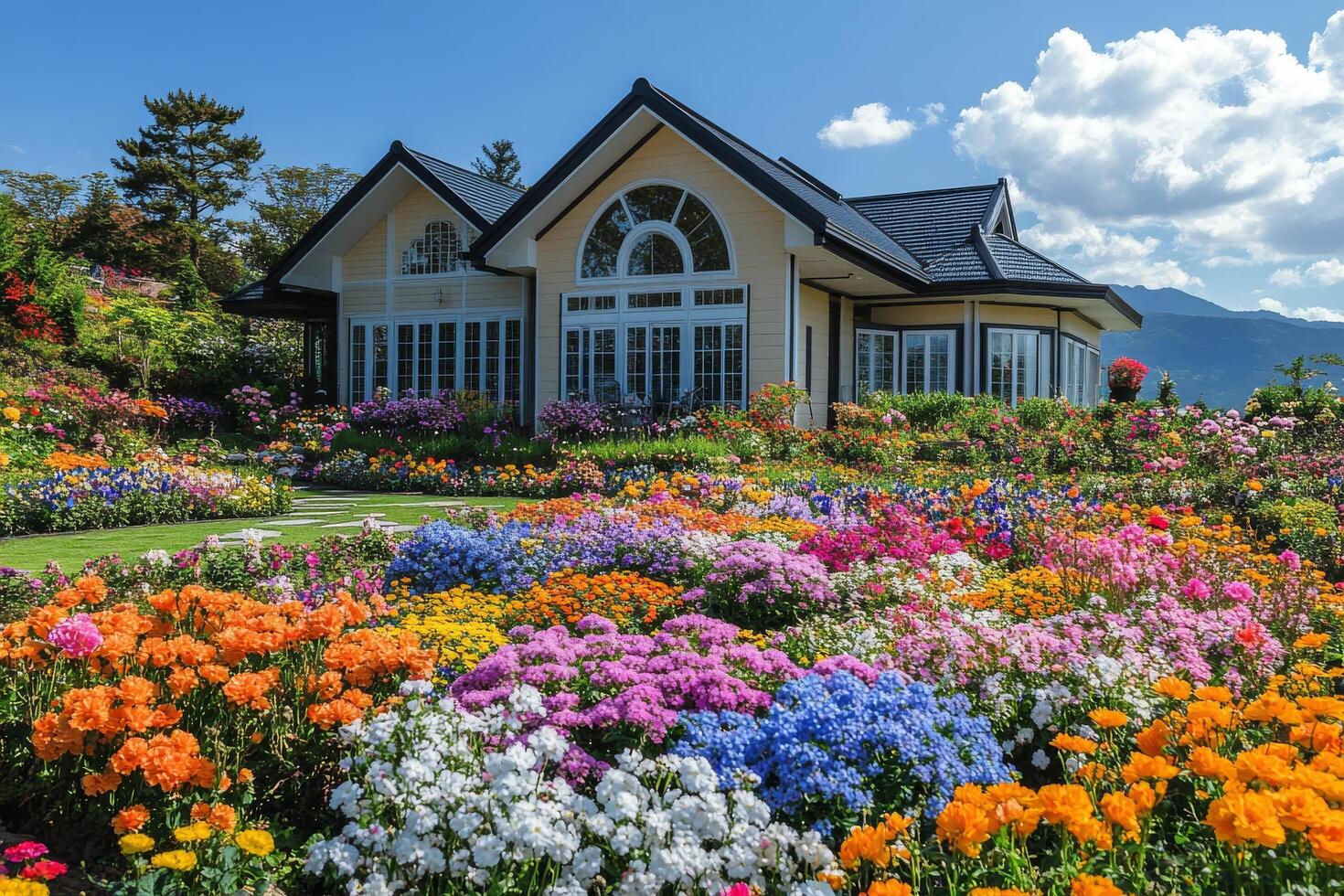 Colorful garden surrounding a charming brick house in a serene neighborhood during a clear day photo