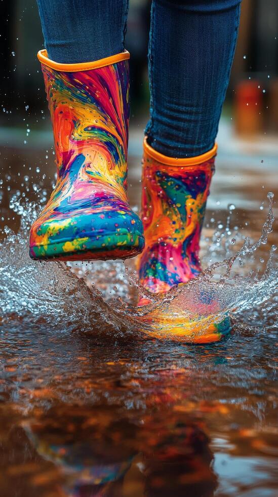 Colorful boots making splashes in puddles during a rainy day photo