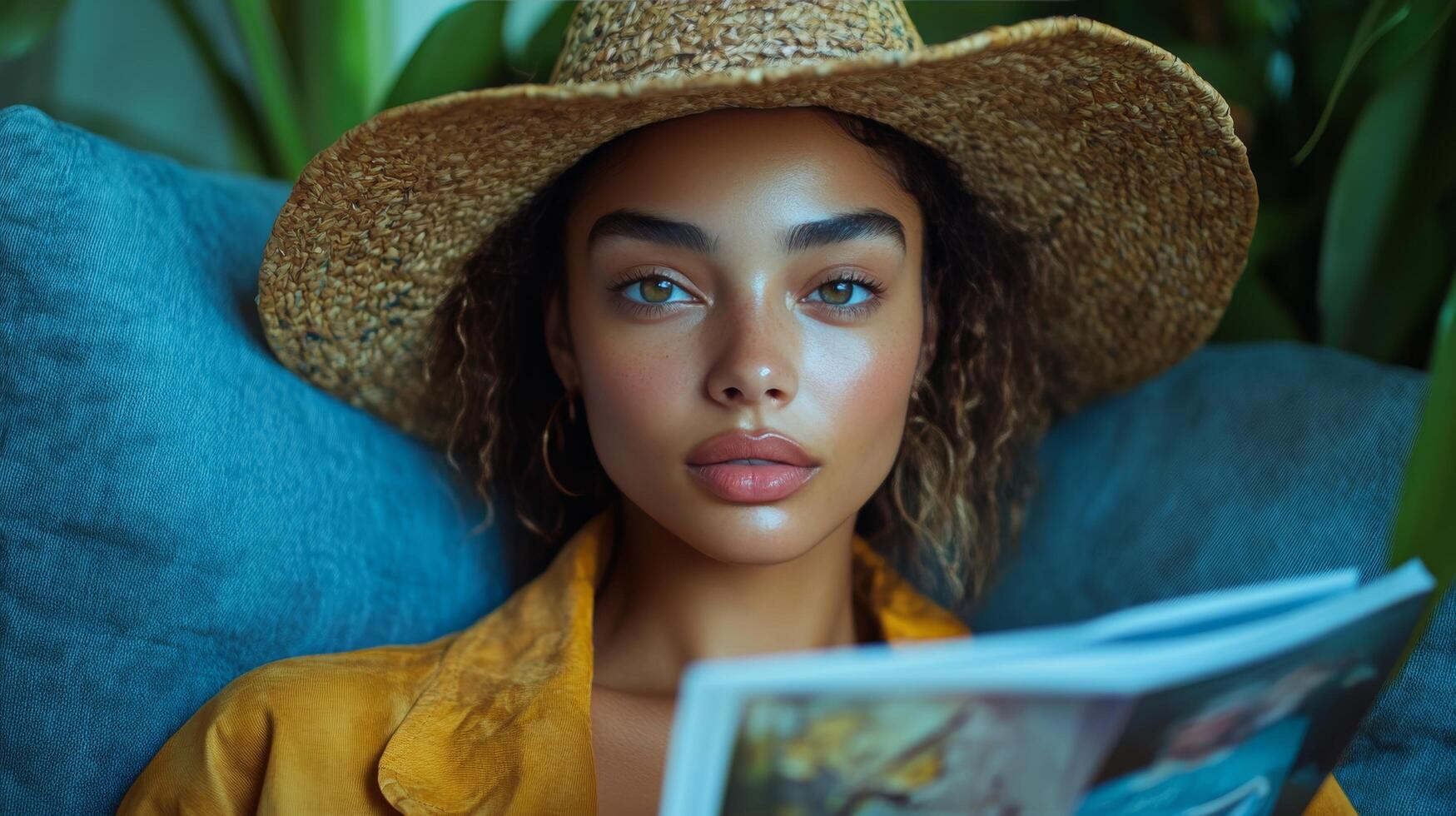 Woman enjoying a magazine while sitting in a cozy caf on a relaxed afternoon photo