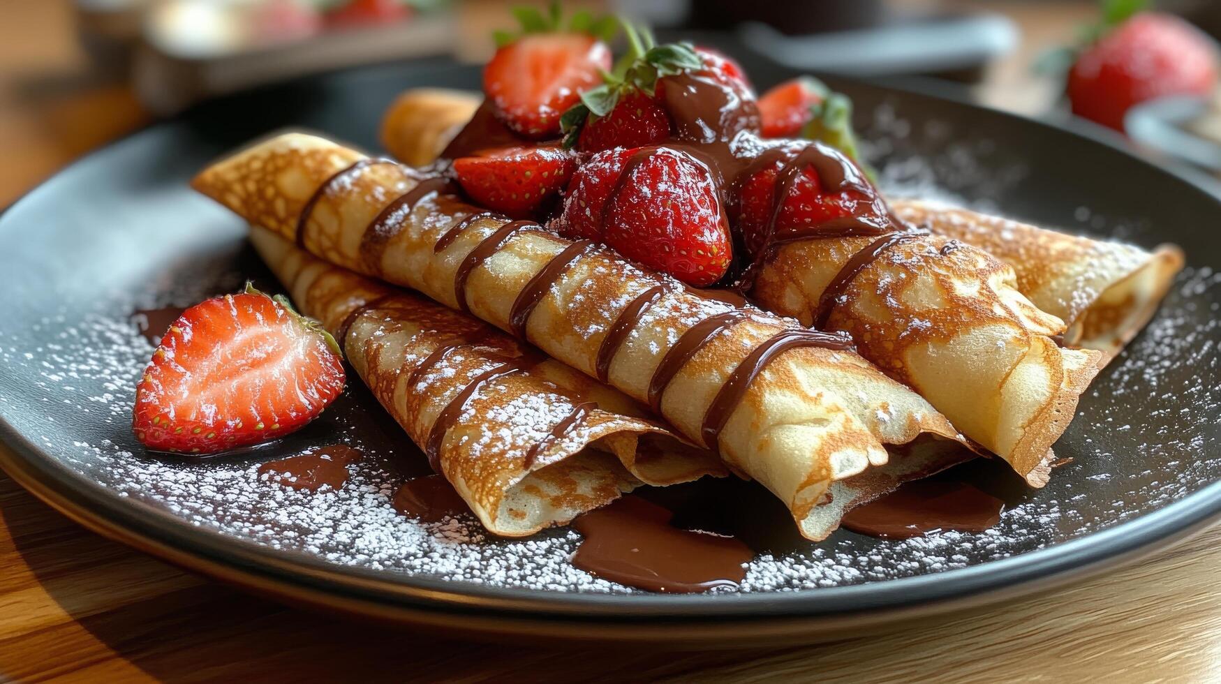Delicious pancakes with strawberries and powdered sugar served on a rustic wooden table photo