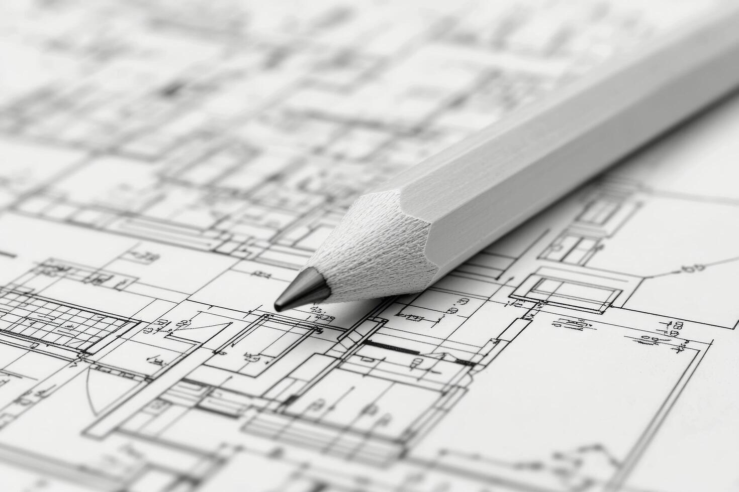 Close-up of orange pencil highlighting architectural blueprint in a creative workspace photo