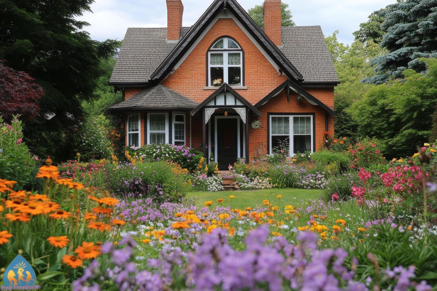 Colorful garden surrounding a charming brick house in a serene neighborhood during a clear day photo