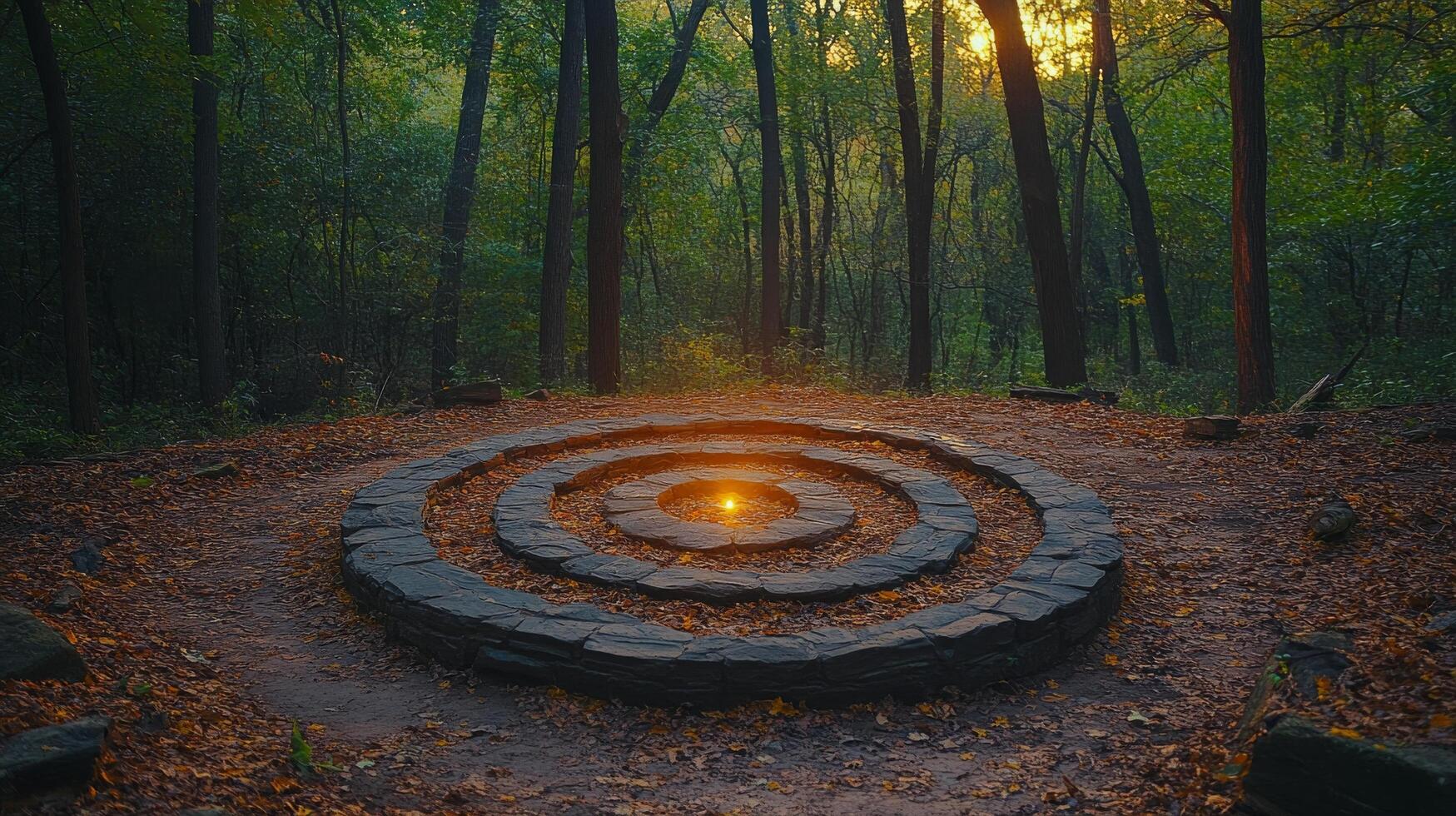 Serene stone labyrinth at sunset surrounded by trees in a tranquil forest setting photo
