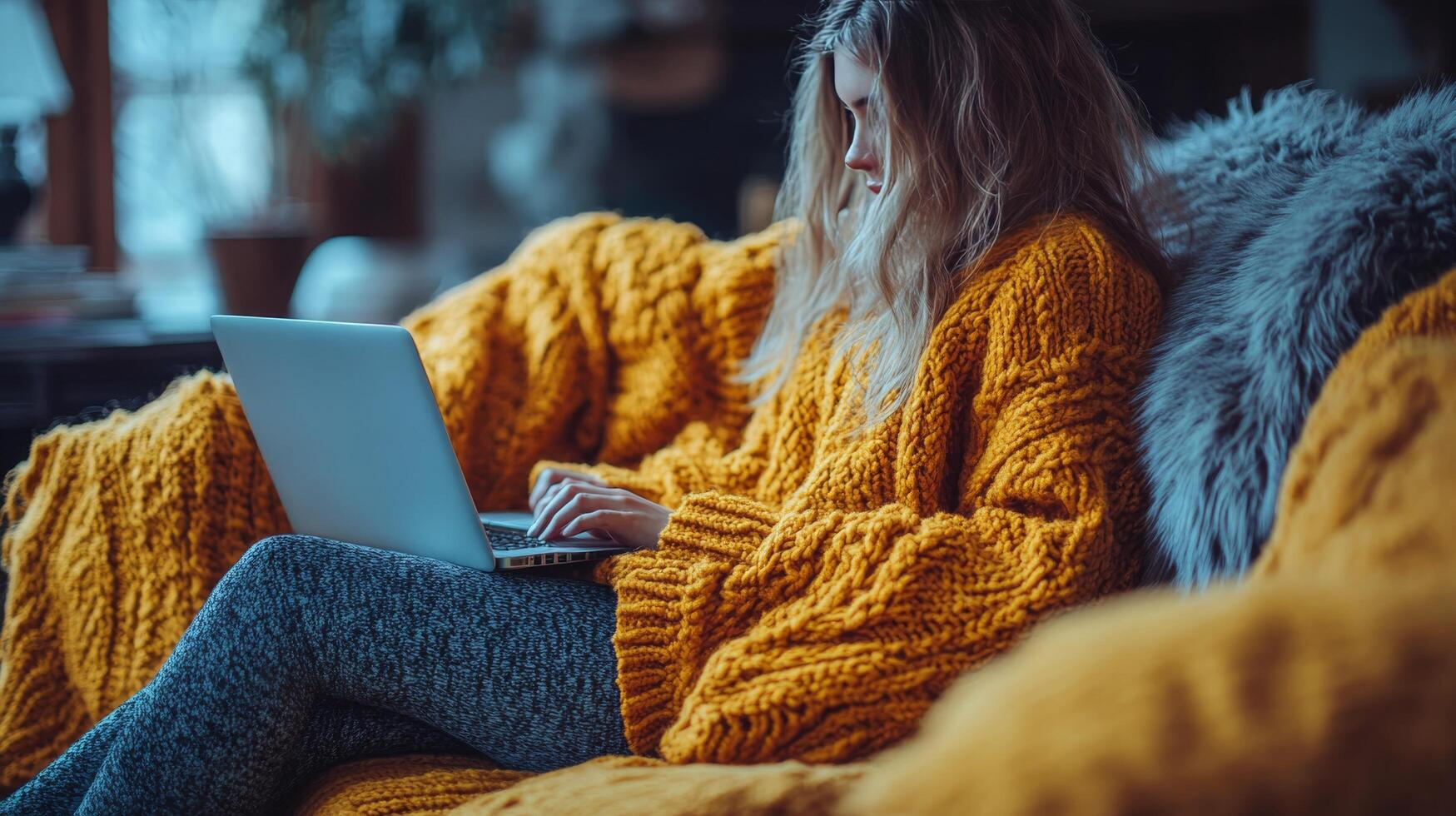 Cozy evening by the fire with a laptop and warm sweater photo