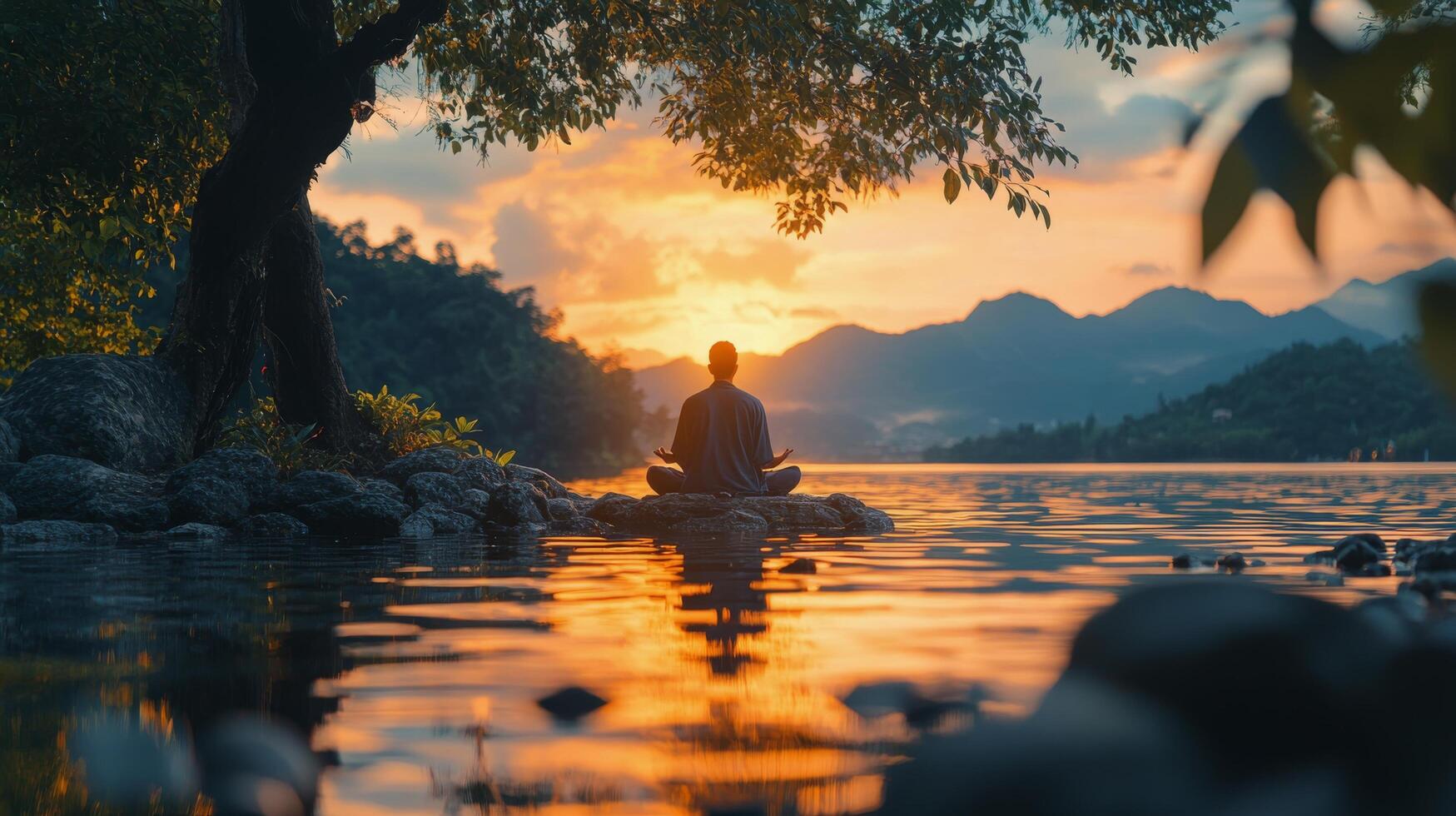 Serenity in nature at sunset reflecting on a tranquil mountain pool photo