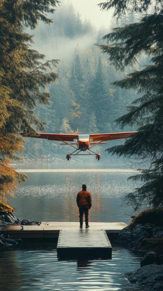Sunrise reflection over still waters with a seaplane in the foreground photo
