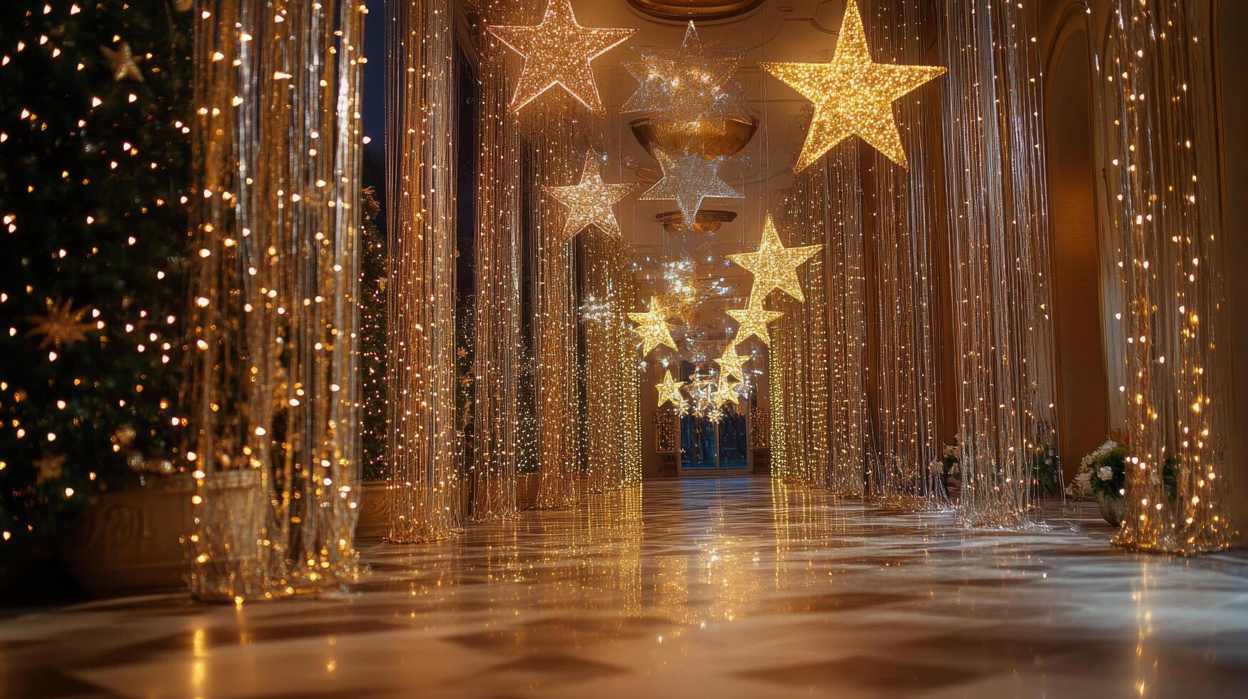 Shimmering holiday decorations with sparkling ornaments and lights creating a festive atmosphere photo