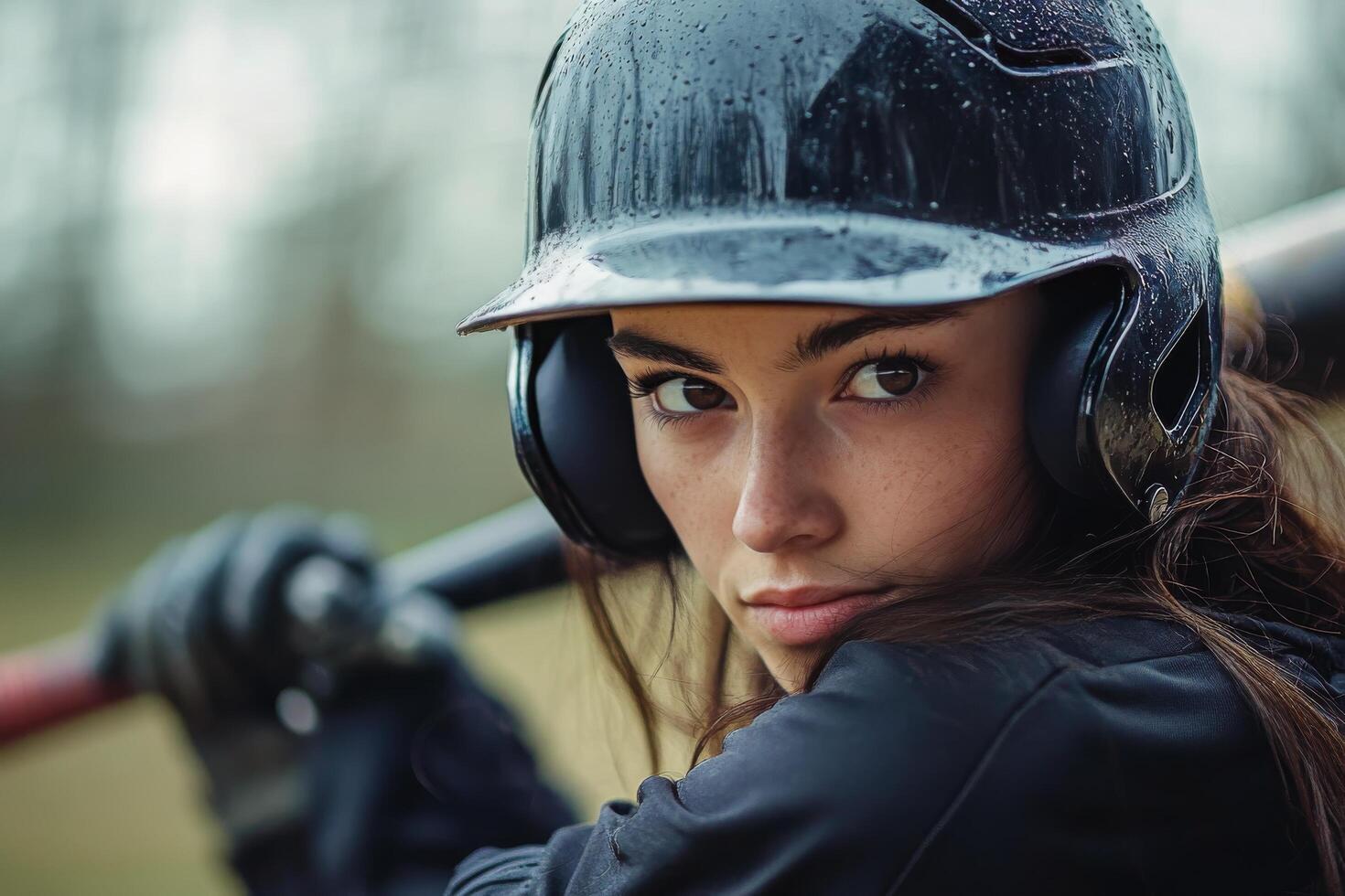 Young girl prepares to bat during a youth baseball game in bright daylight with determination in her eyes photo