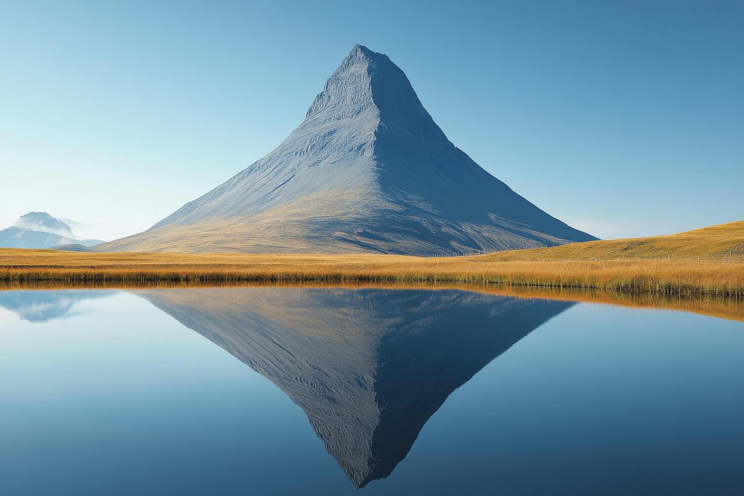 Majestic snowy peak reflecting in tranquil lake under clear blue sky photo