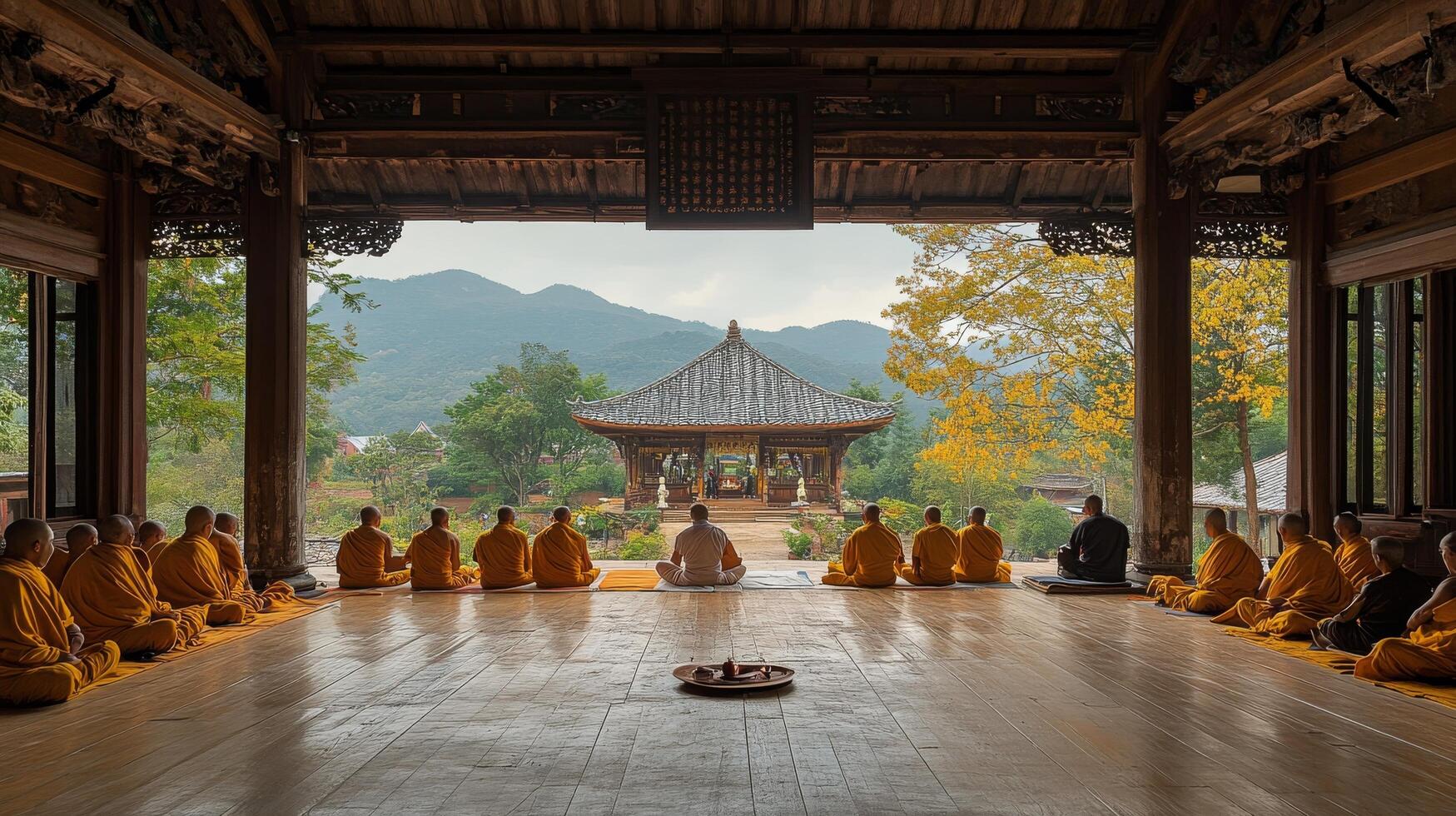 Meditation gathering of monks in serene temple overlooking mountains during autumn photo