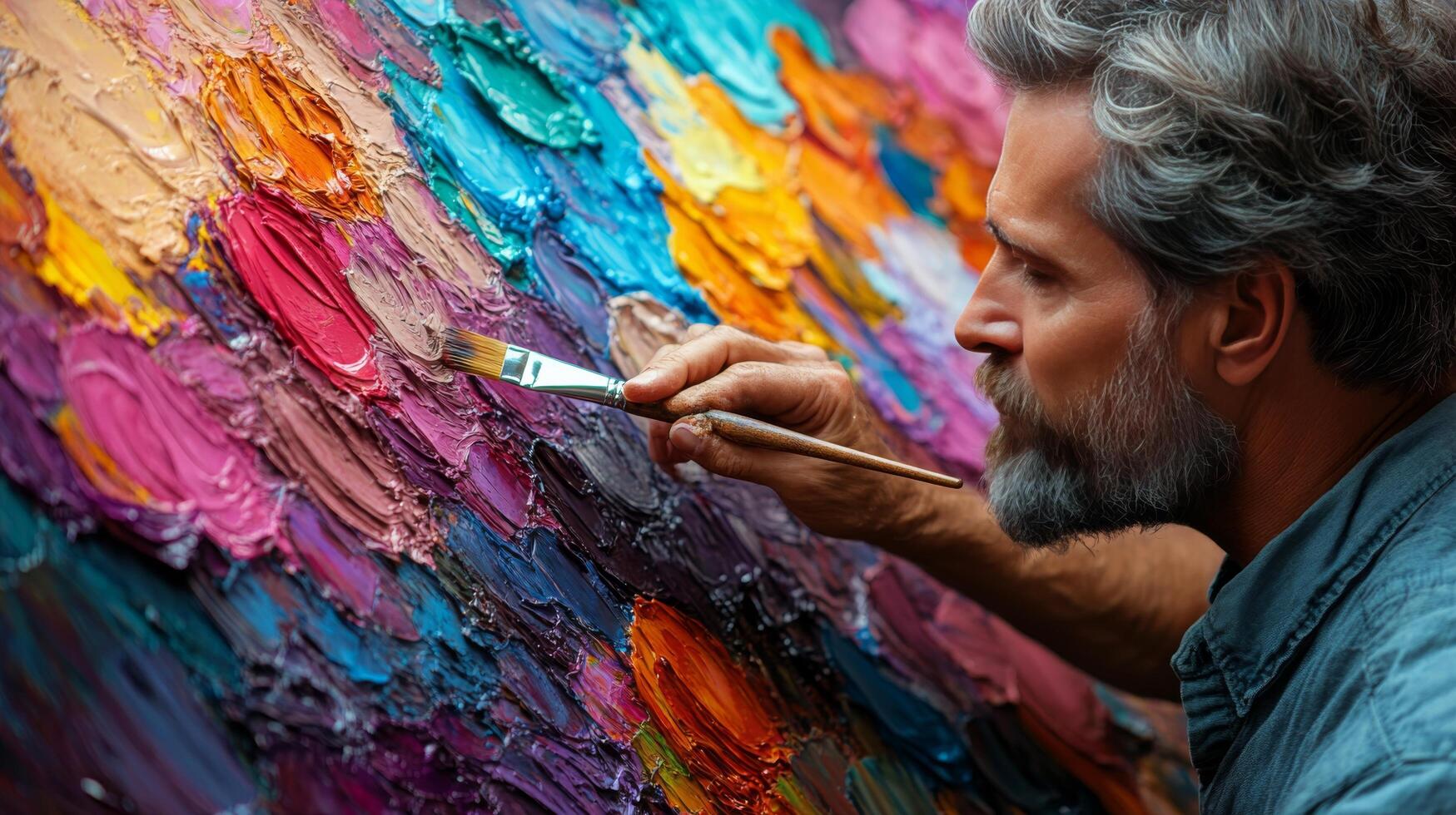 Artist creates vibrant abstract painting using thick brush strokes and rich colors indoors photo