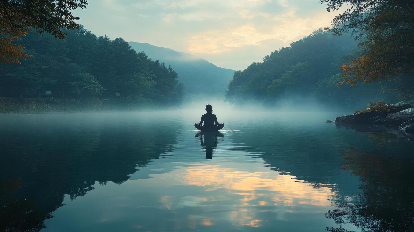 Meditating by a river during sunset surrounded by nature's serenity and light photo