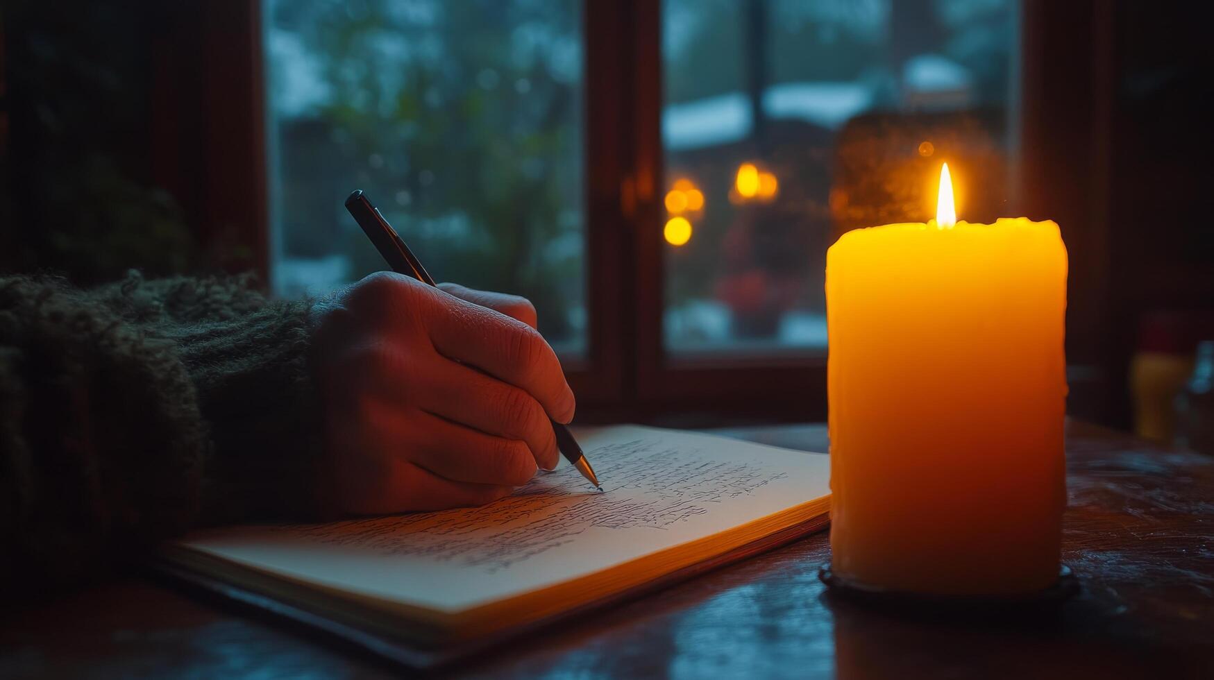 Candlelit writing session with parchment paper and soft glow in a cozy setting photo