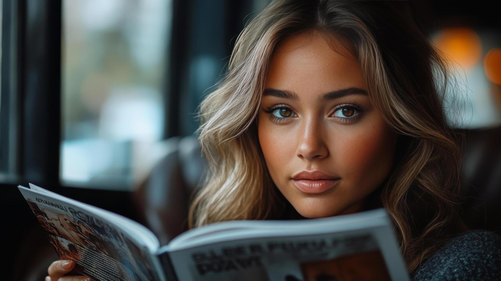 Woman enjoying a magazine while sitting in a cozy caf on a relaxed afternoon photo