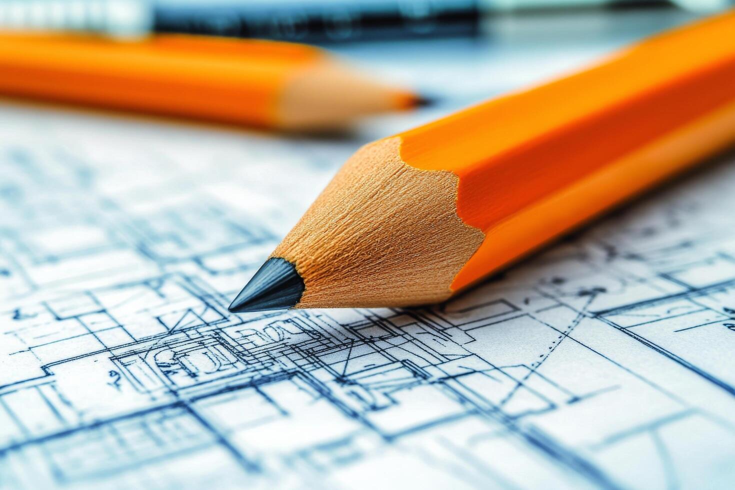 Close-up of orange pencil highlighting architectural blueprint in a creative workspace photo