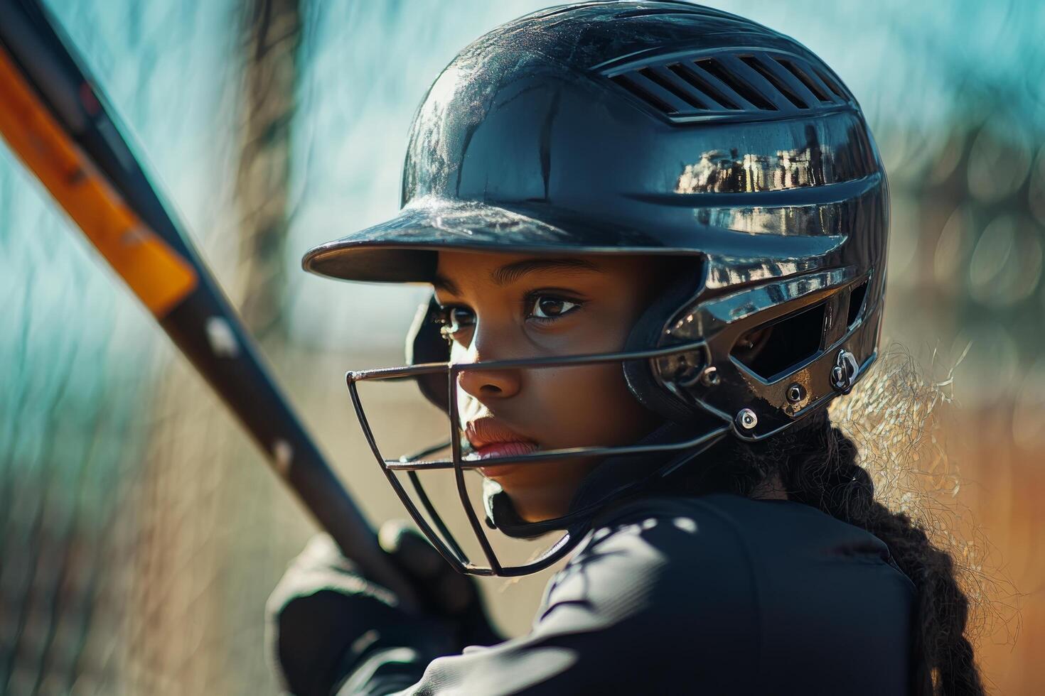 Young girl prepares to bat during a youth baseball game in bright daylight with determination in her eyes photo