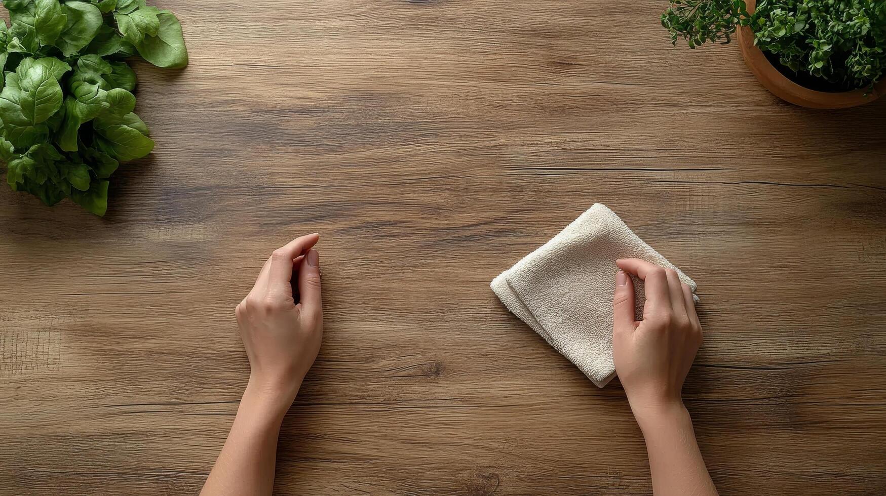 Hand cleaning wooden table with towel in a bright, green indoor space during afternoon photo