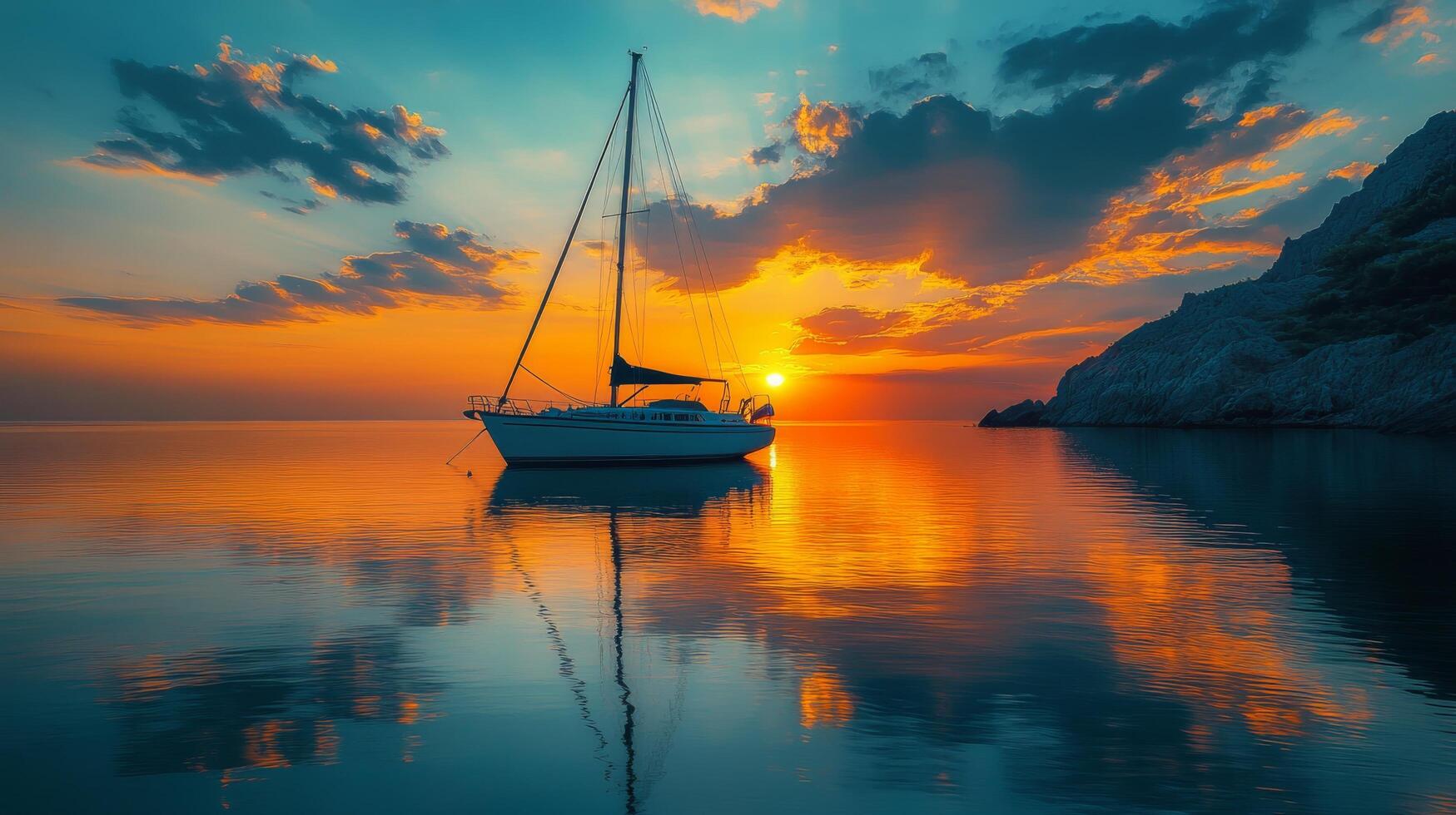 Sailboat anchored in calm waters during a vibrant sunset by rocky coastline photo