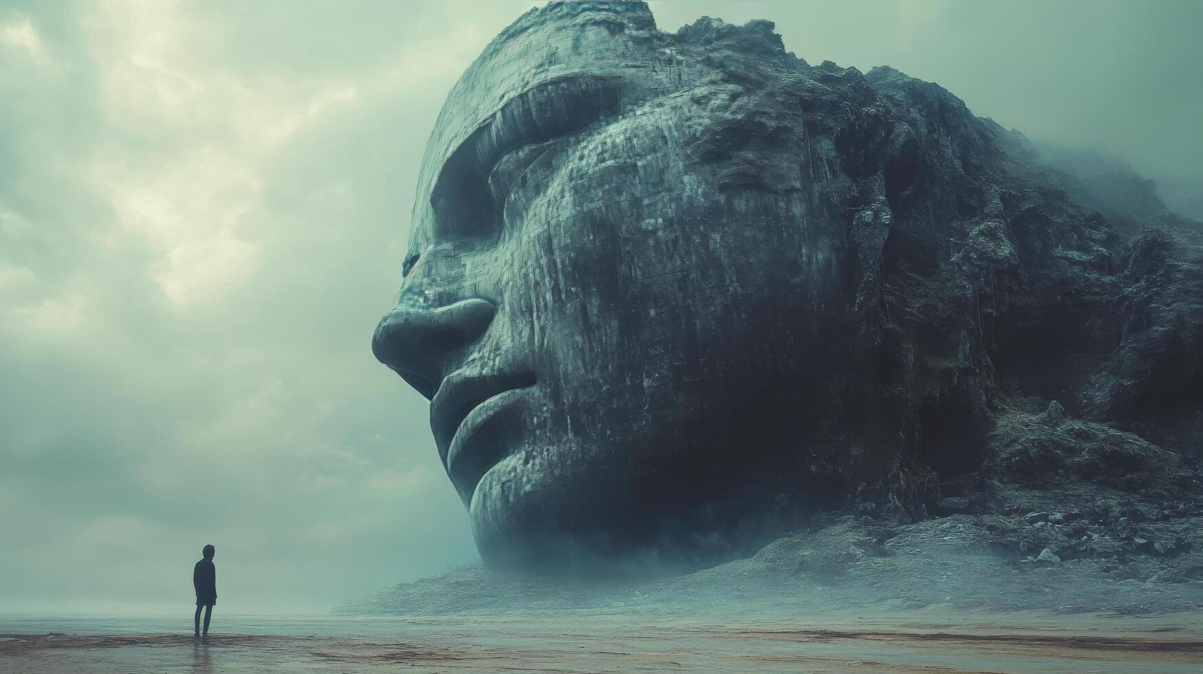 Towering stone face looms over a lone figure at the edge of a misty beach landscape photo