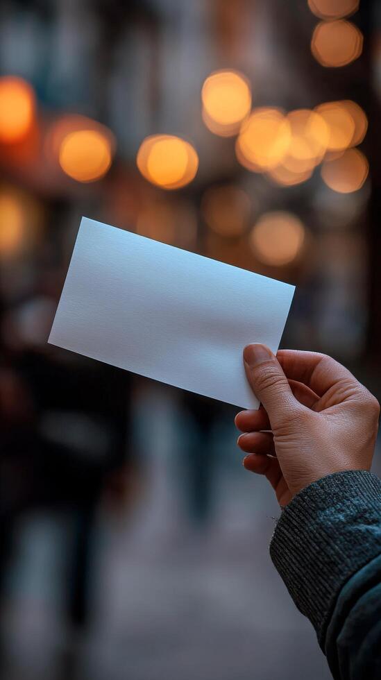 Hand holding a blank card in a bustling street adorned with soft, glowing lights photo