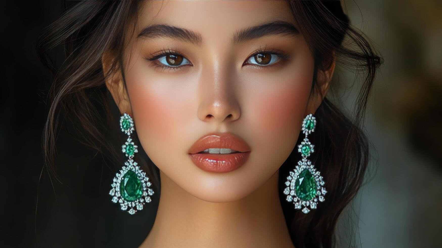 Stunning model showcases elegant emerald earrings in a close-up portrait photo